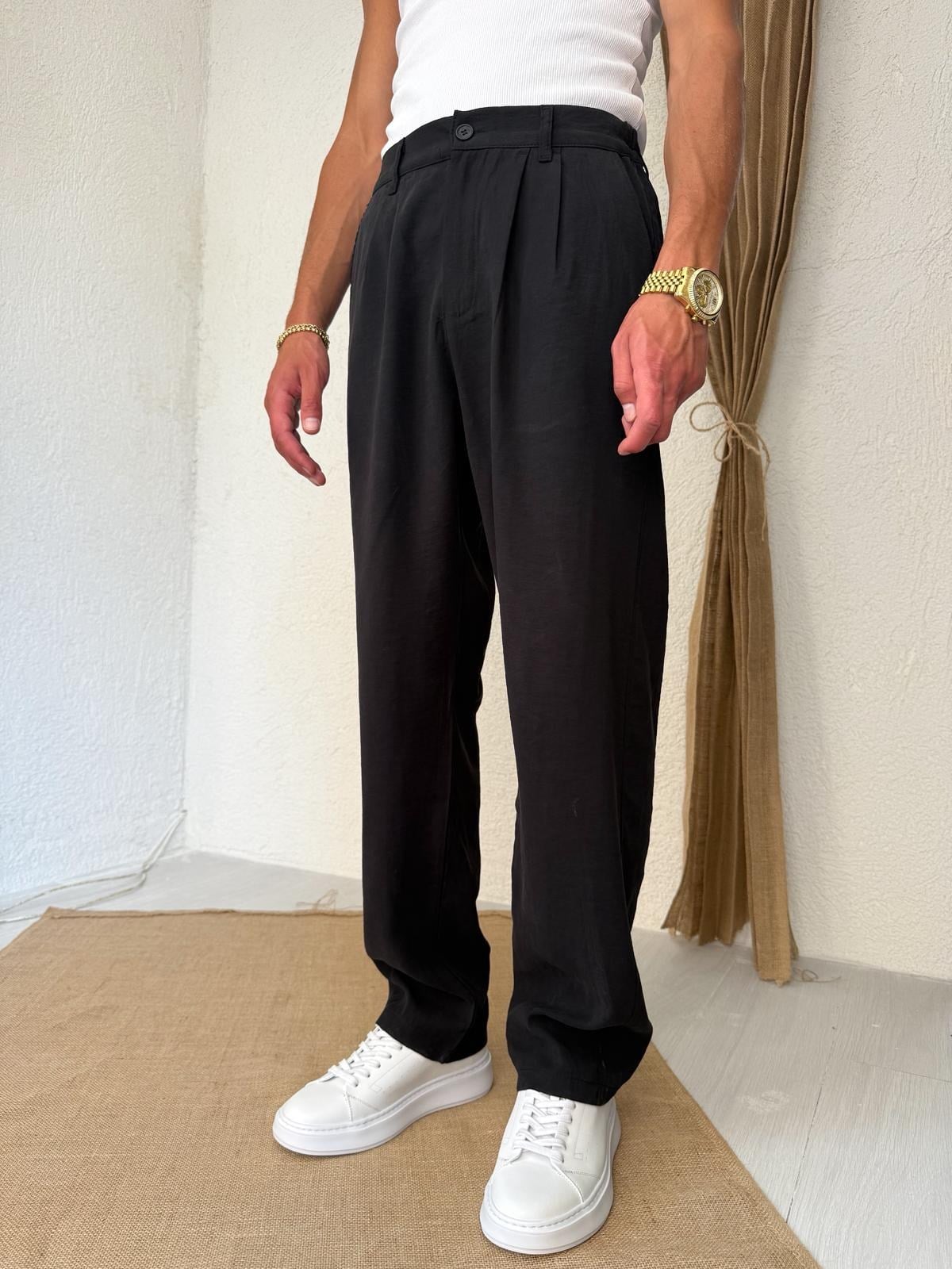 Tensel Kumaş Pileli Siyah  Baggy Pantolon 