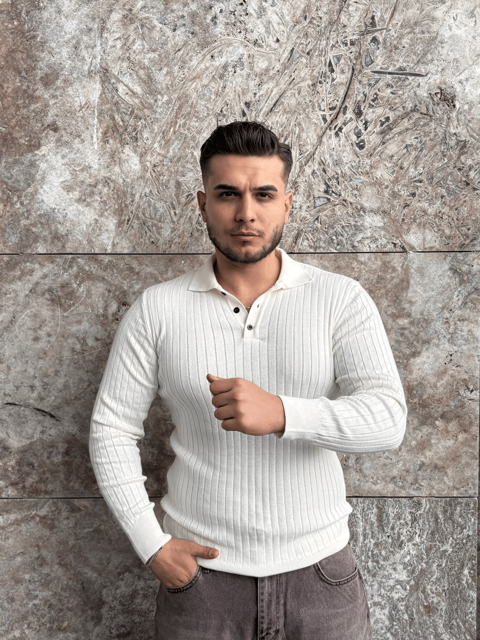 Ivory Ribbed Beyaz Polo Knit
