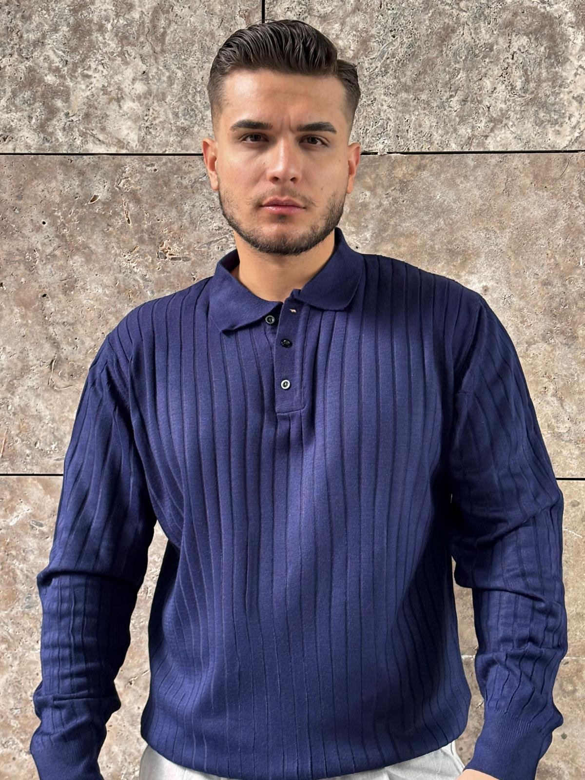 Navy Ribbed Laci Polo Knit