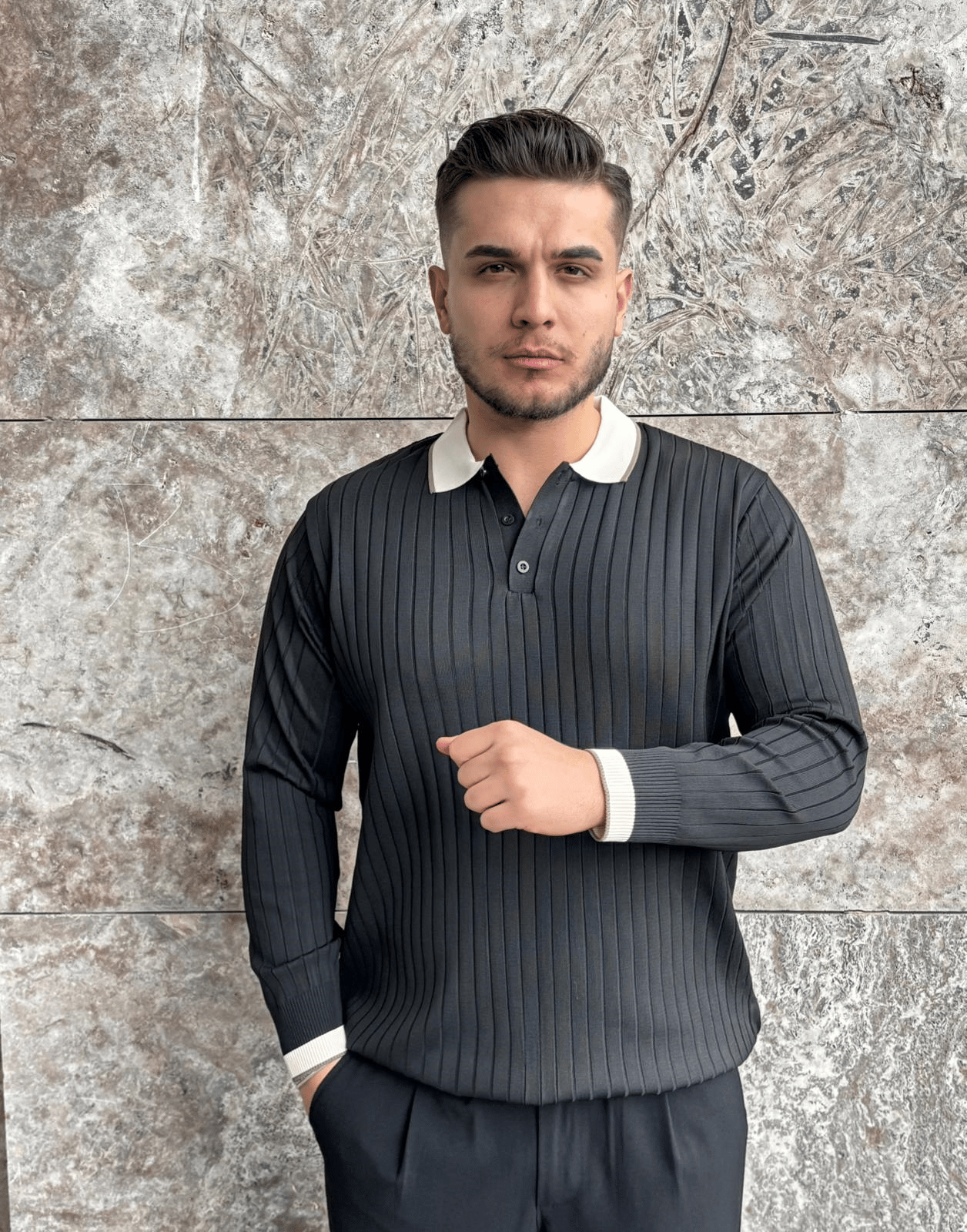 Onyx Ribbed Contrast Siyah Polo