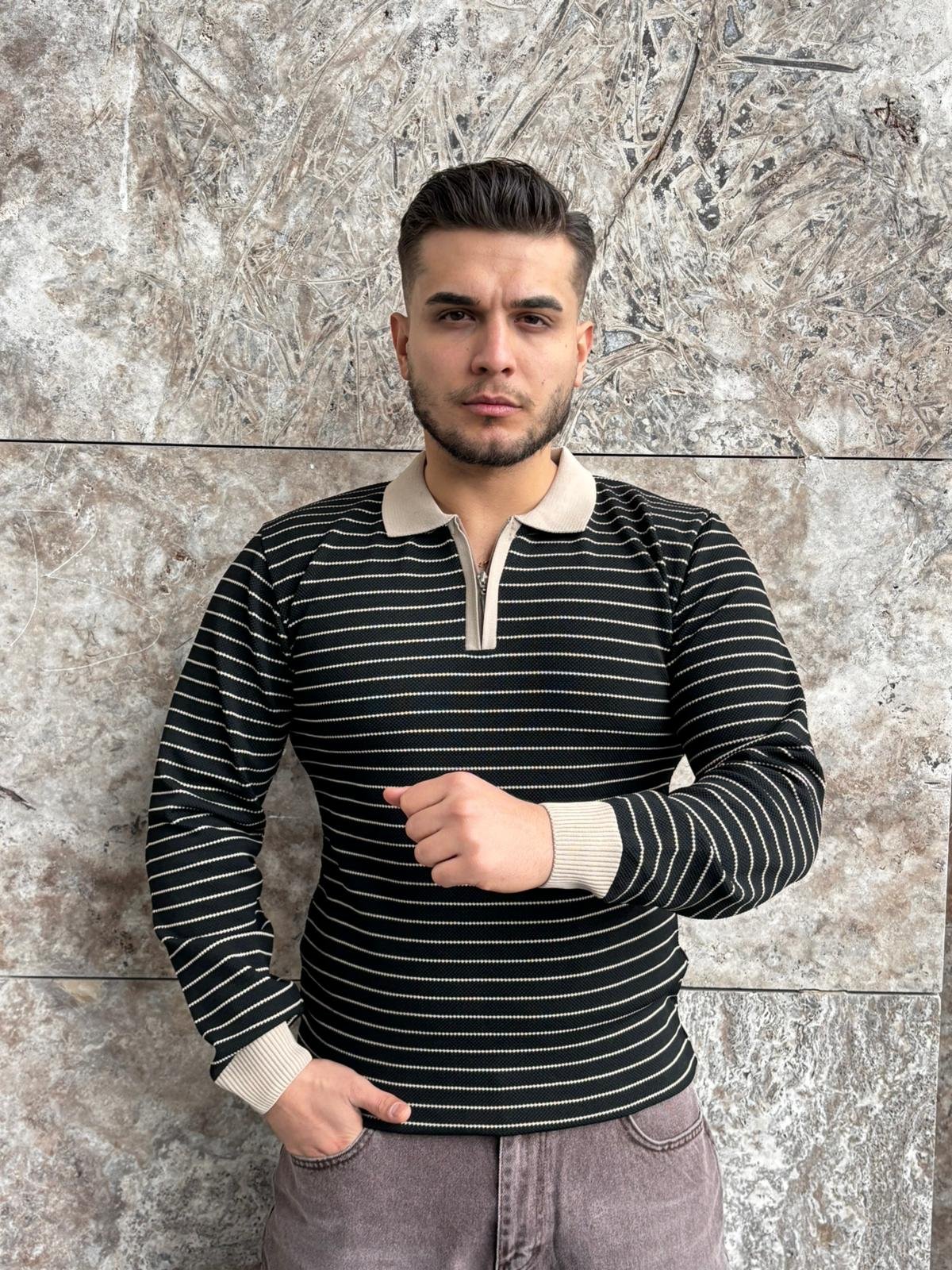 Onyx Stripe Quarter-Zip Knit Siyah