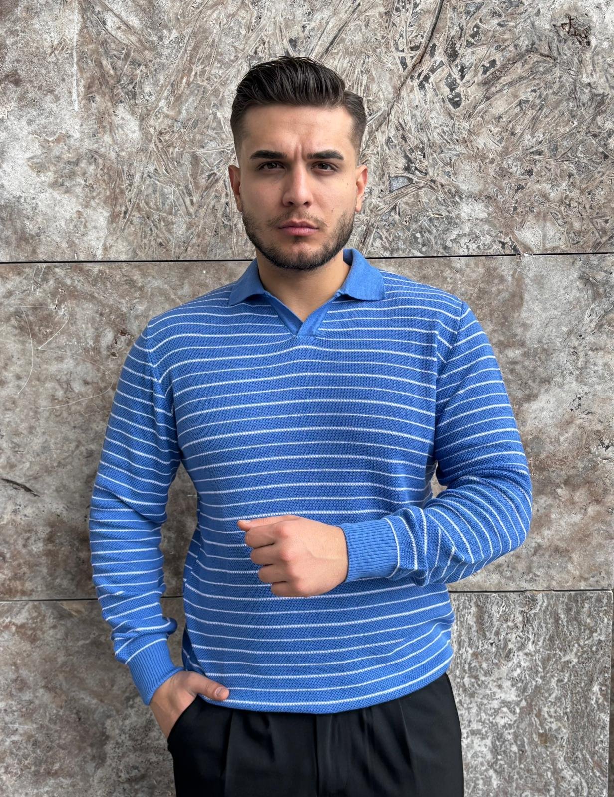 Sky Stripe Mavi Polo Knit