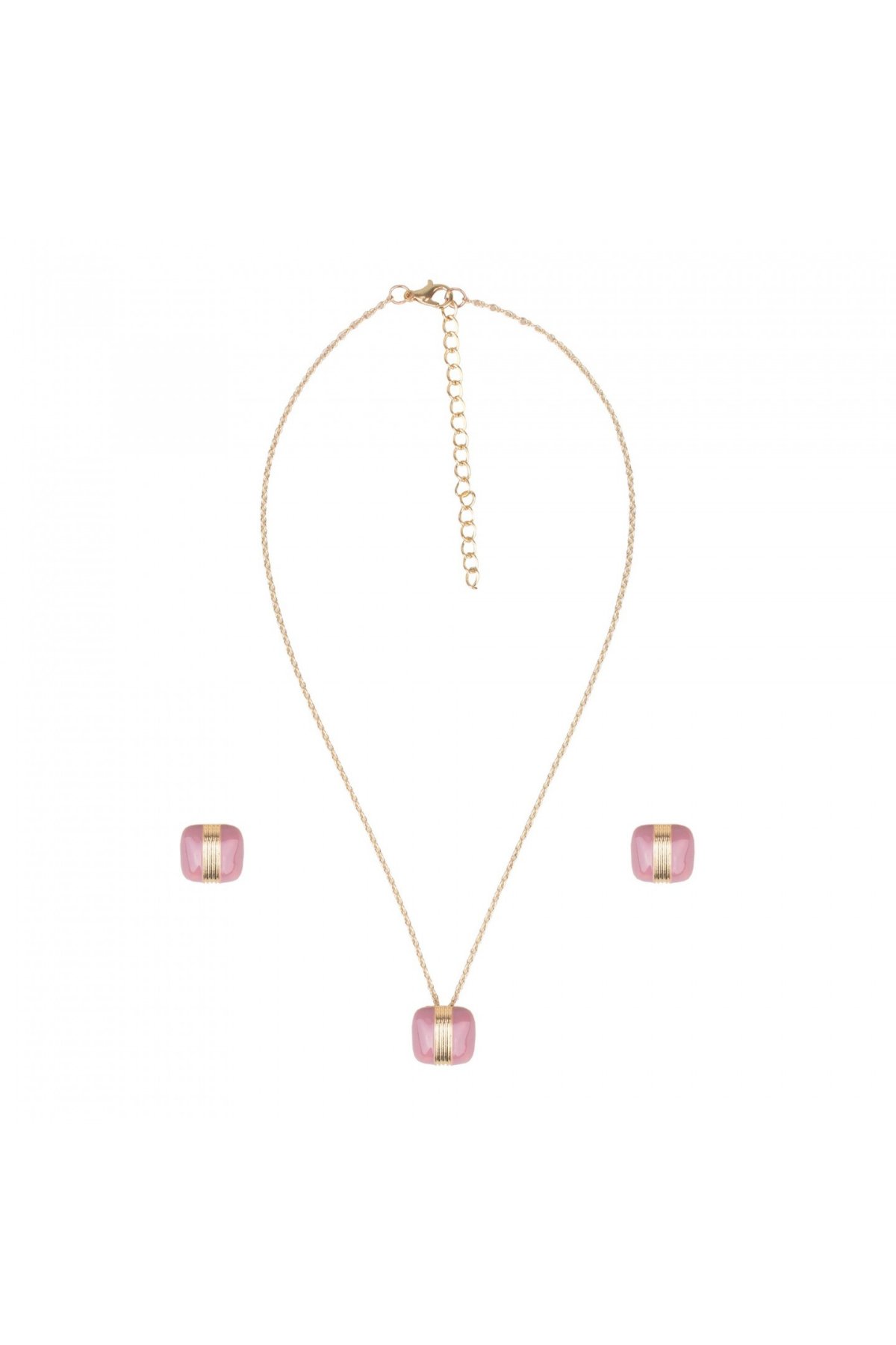Altın Rengi Pembe Geometrik Kolye Küpe Seti | Pembe JS13040 