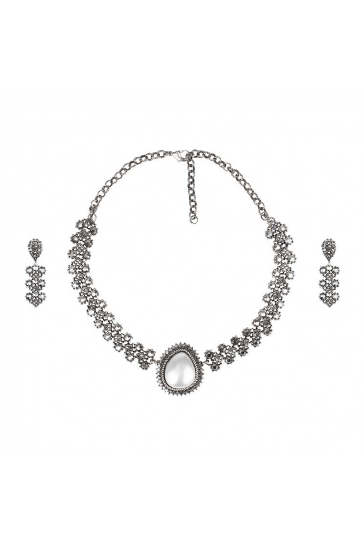 Damla İnci Detaylı Kristal Taşlı Vintage Kolye Küpe Seti | Gümüş JS12804