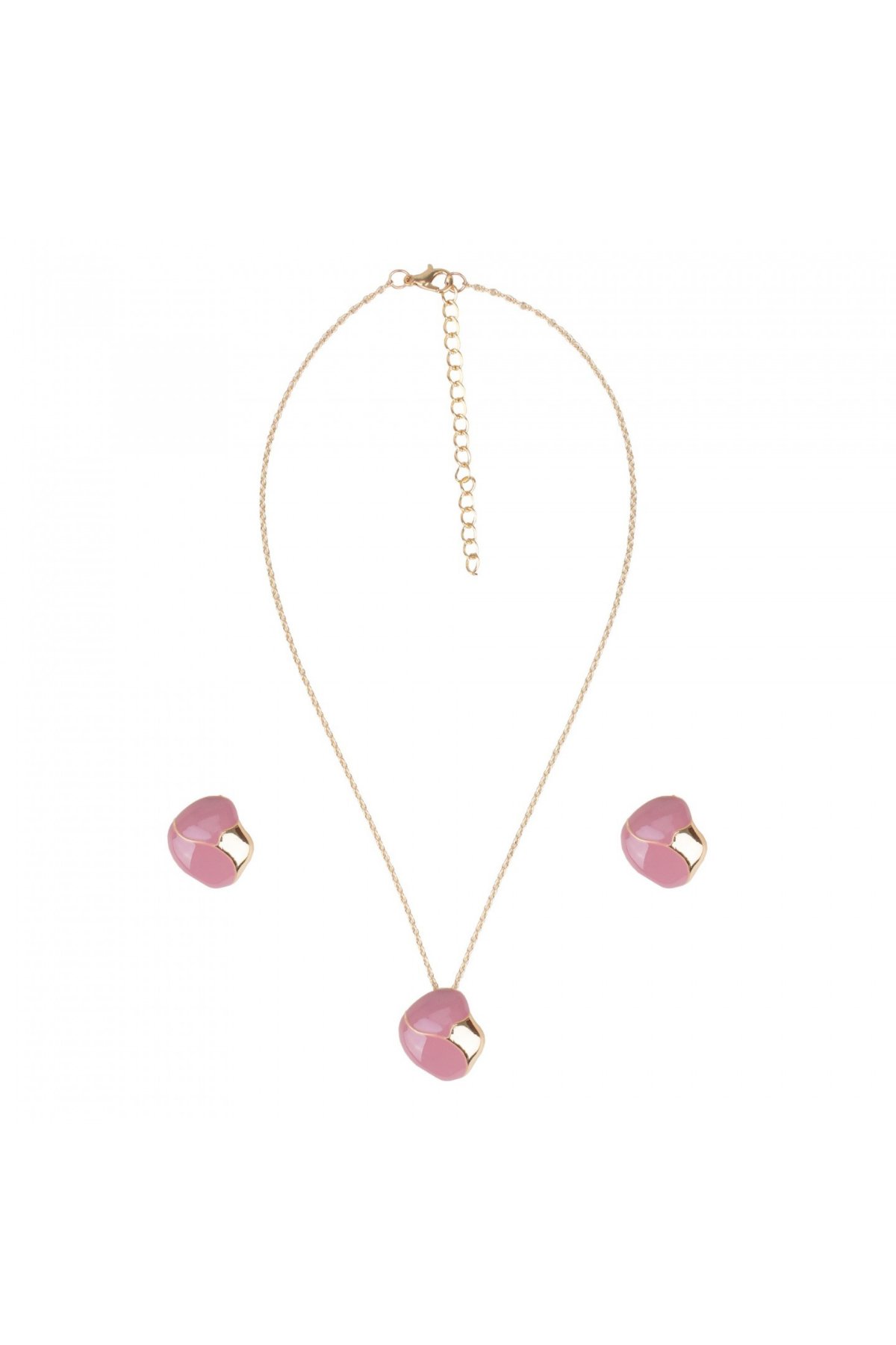 Pembe geometrik taş detaylı kolye & küpe seti | Pembe JS13043 