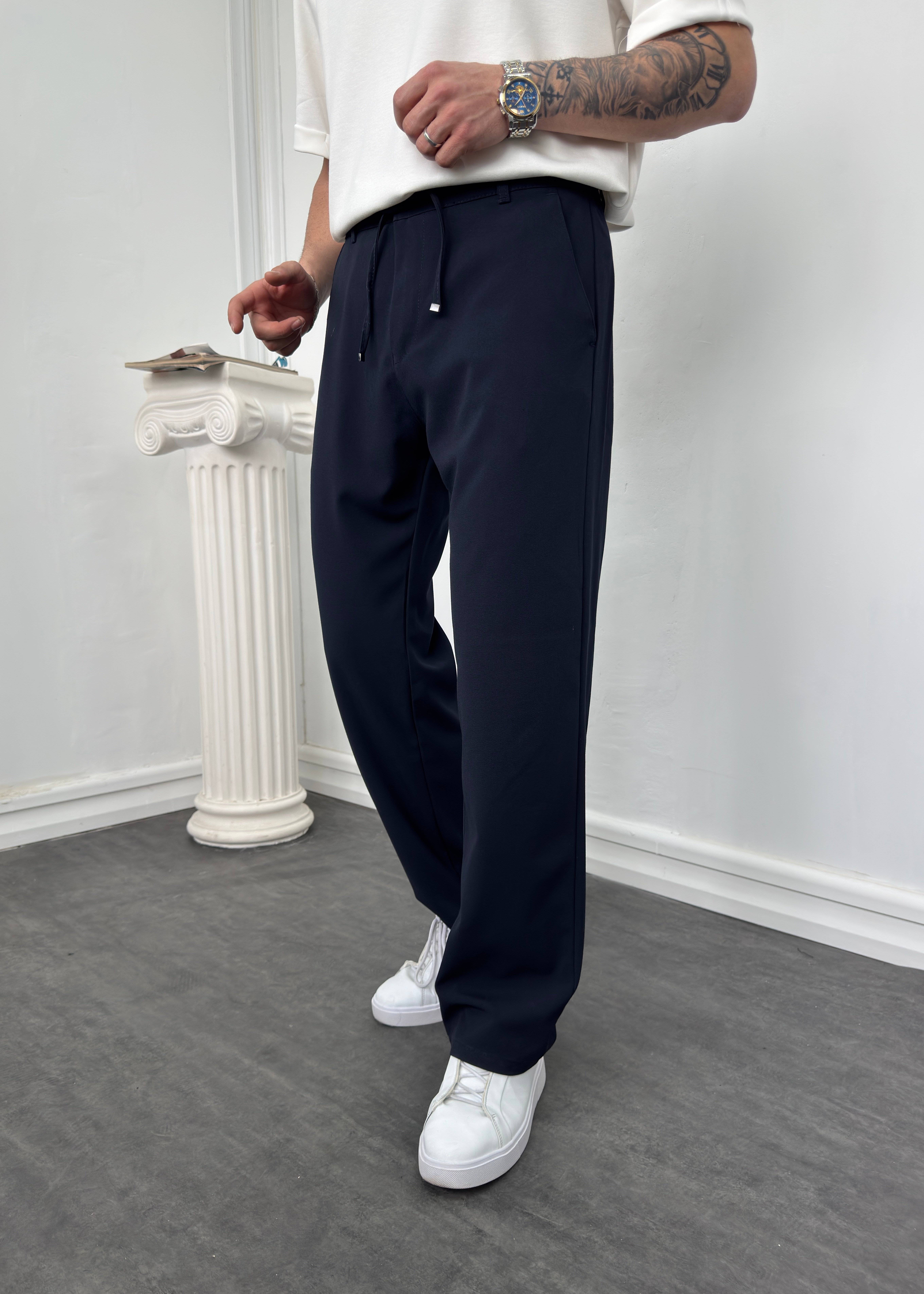Beli İpli Kumaş Baggy Pantolon Lacivert 