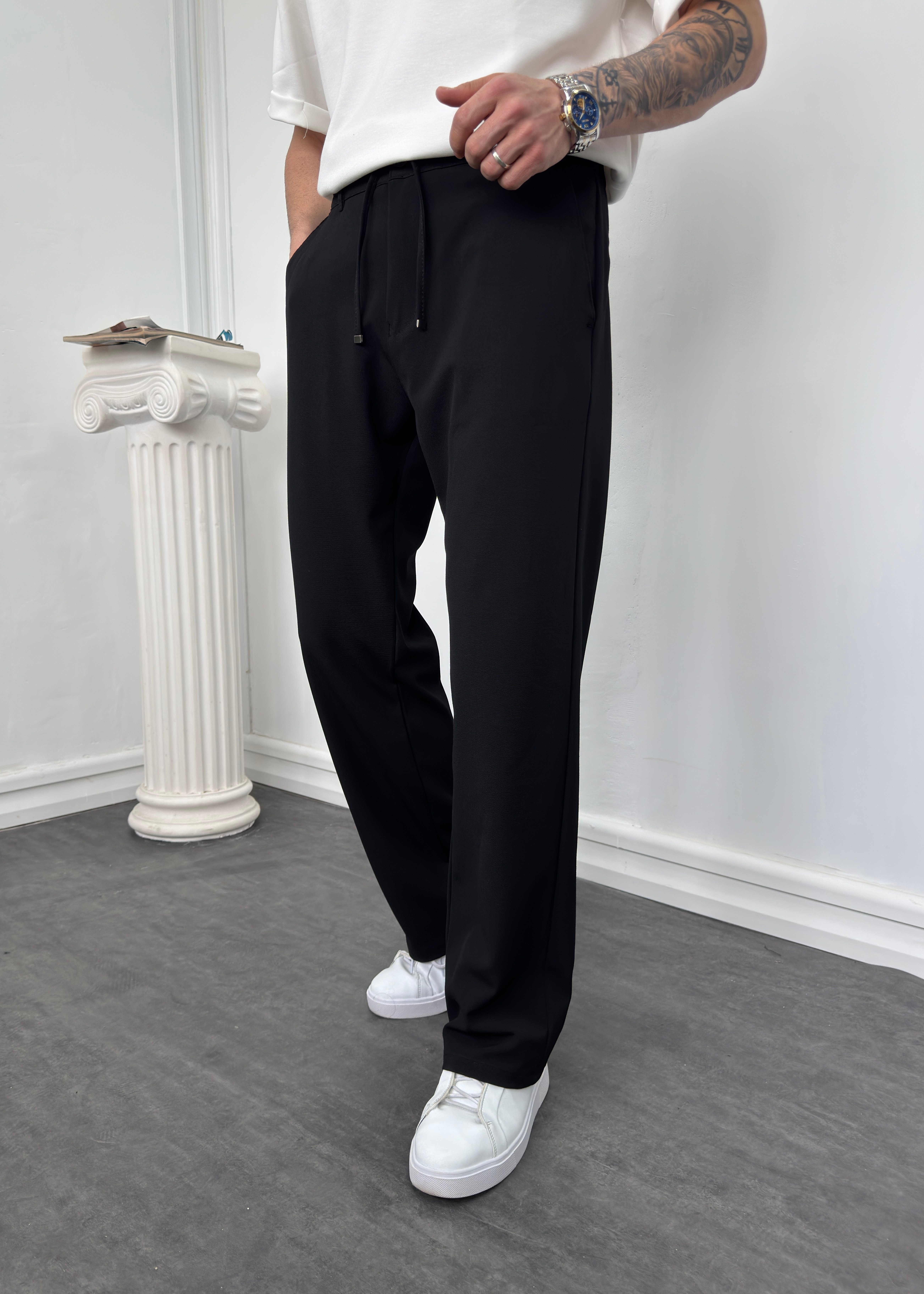 Beli İpli Kumaş Baggy Pantolon Siyah