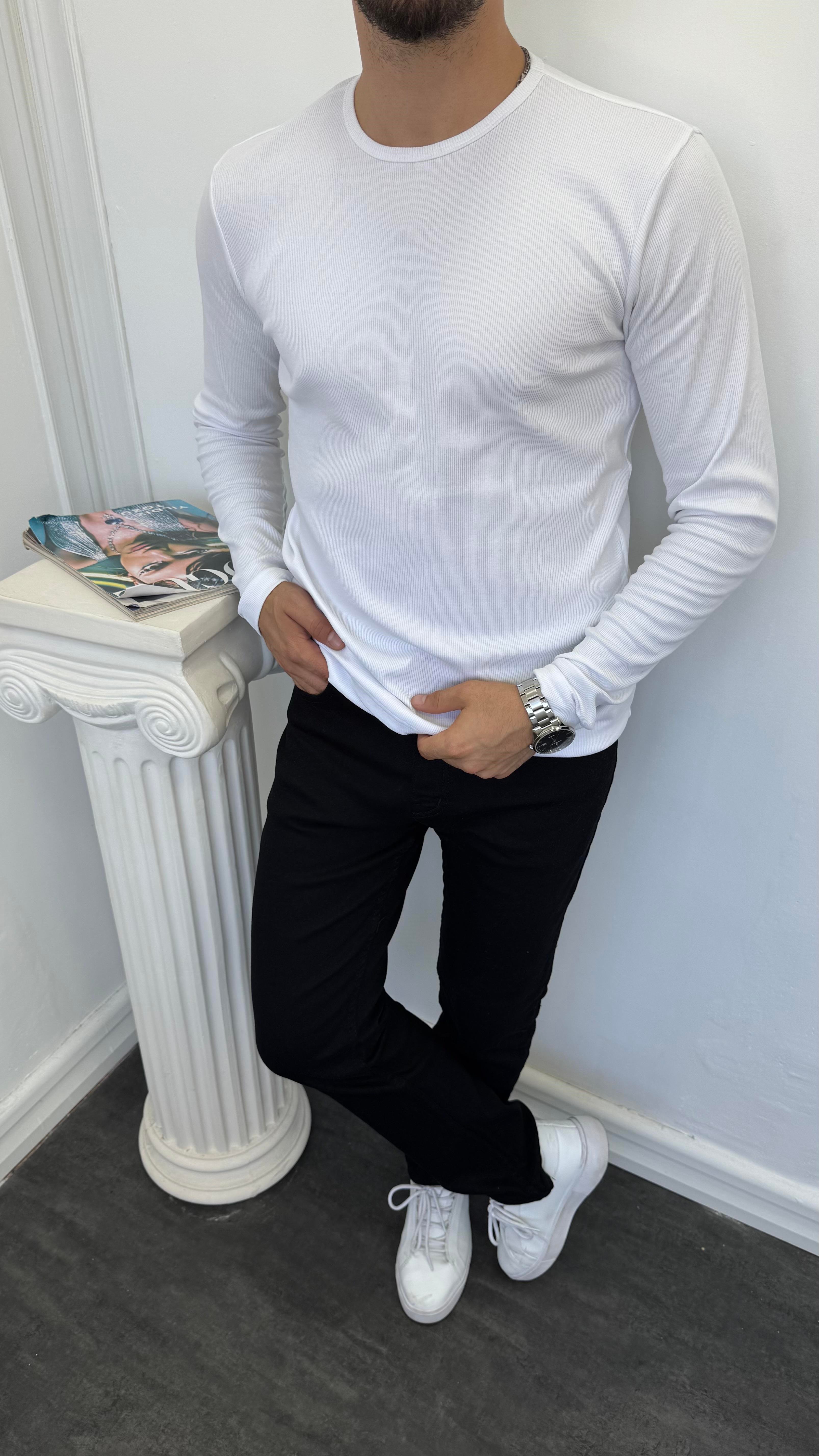 Fitilli Basic Sweatshirt Beyaz