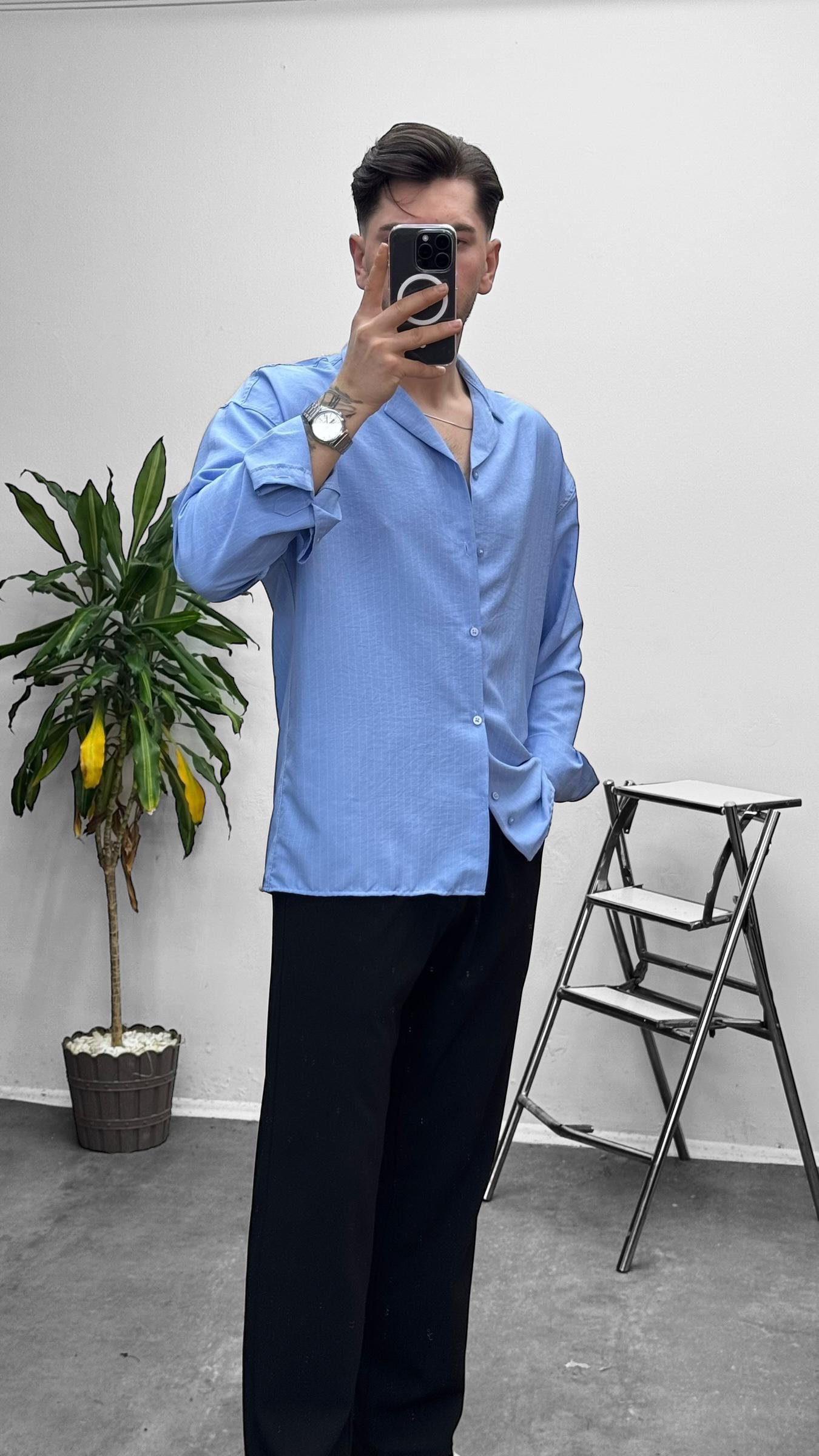 MR Çizgili Oversize Gömlek Bebe Mavi
