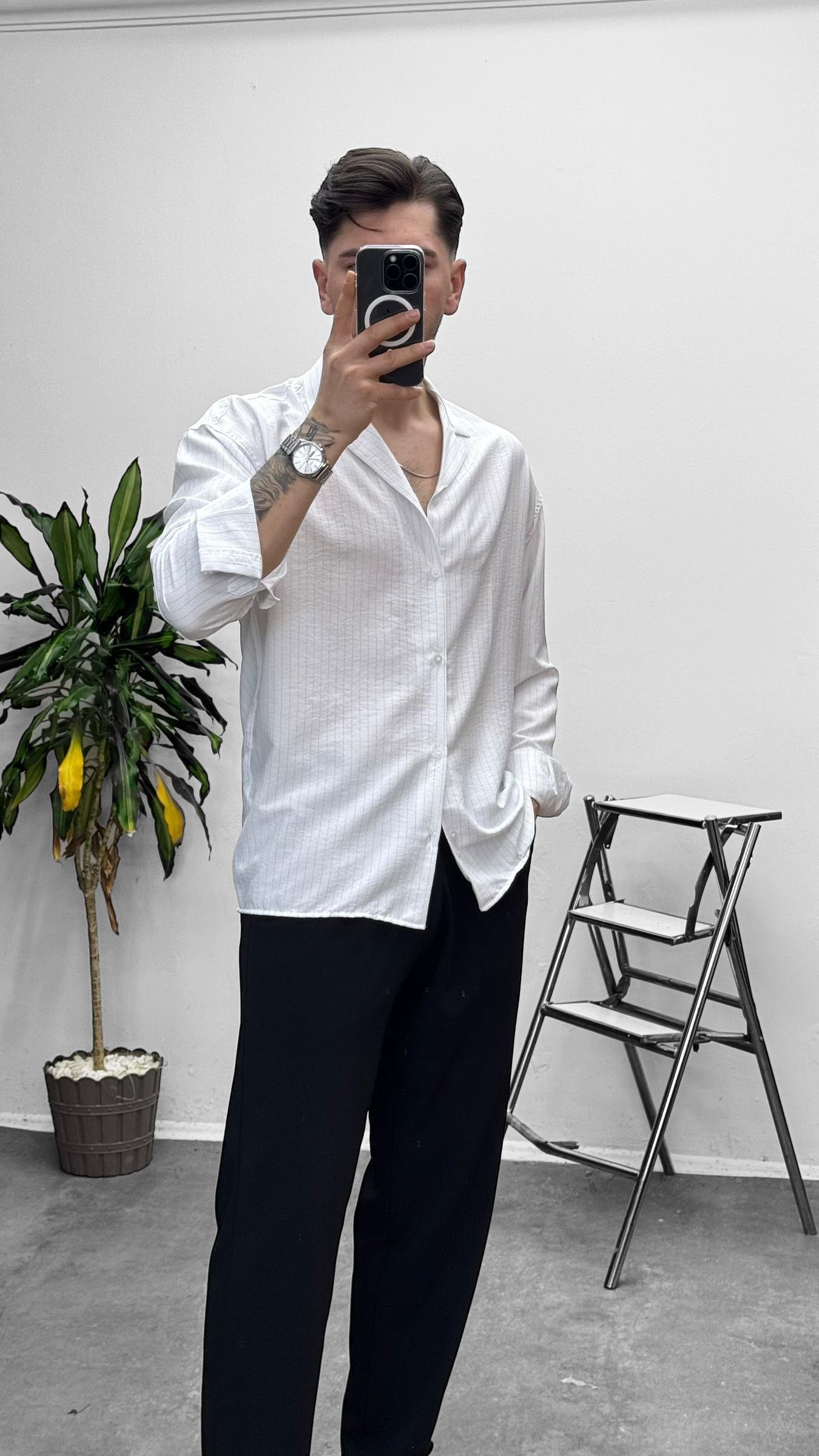 MR Çizgili Oversize Gömlek Beyaz