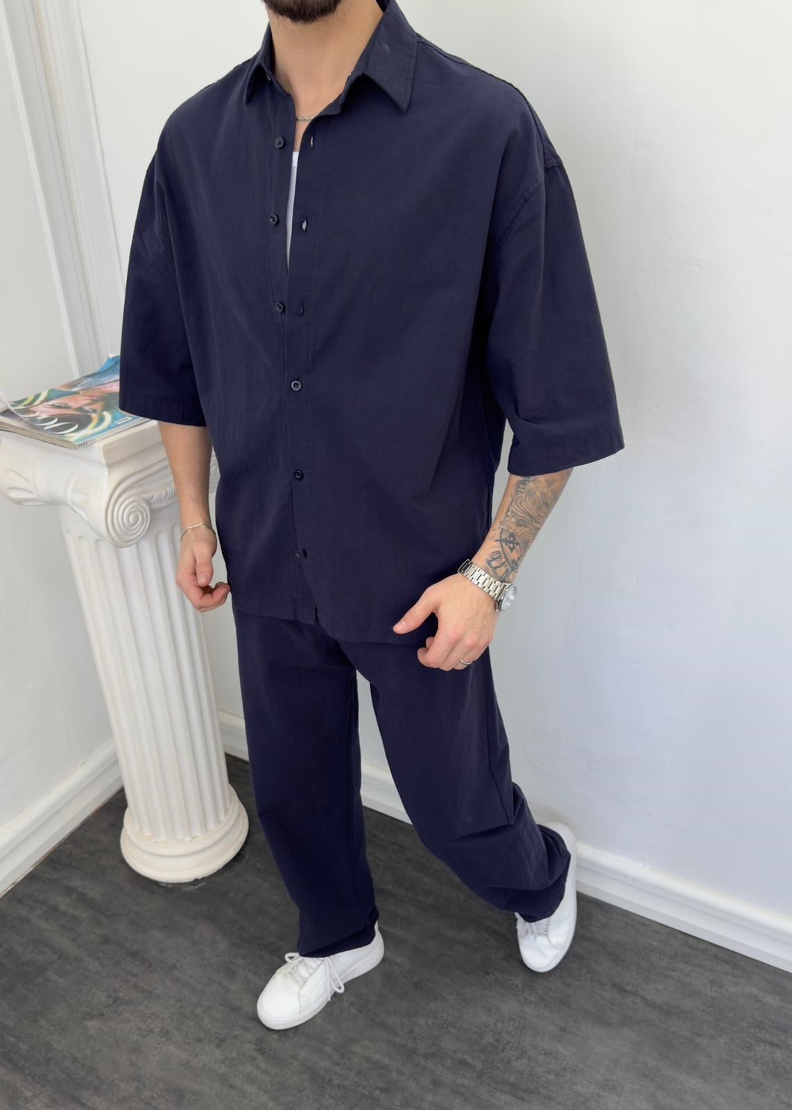 Oversize Yıkamalı Keten Takım Lacivert