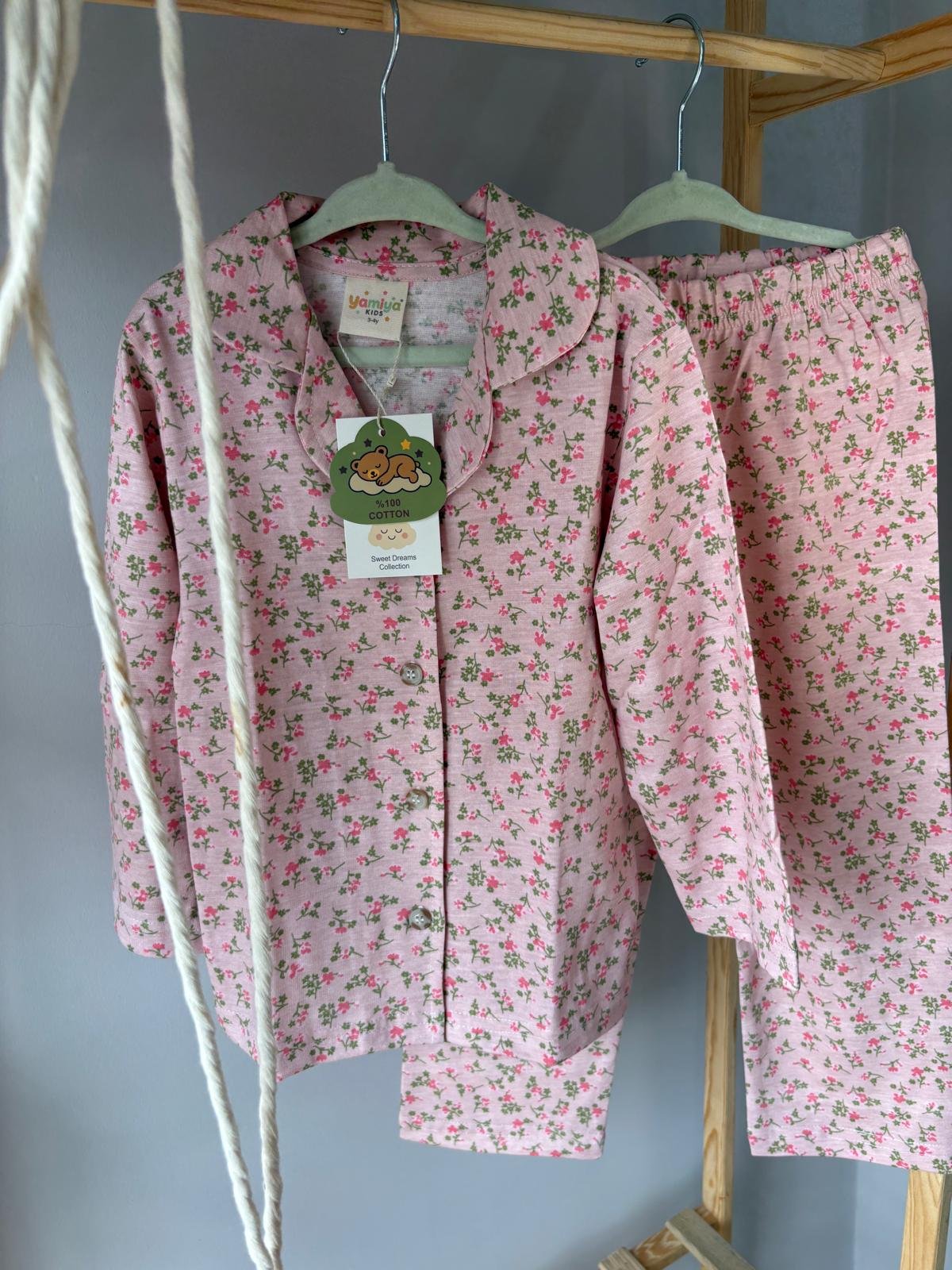 %100 Coton Çiçekli Kız Çocuk Pembe Pijama Takımı