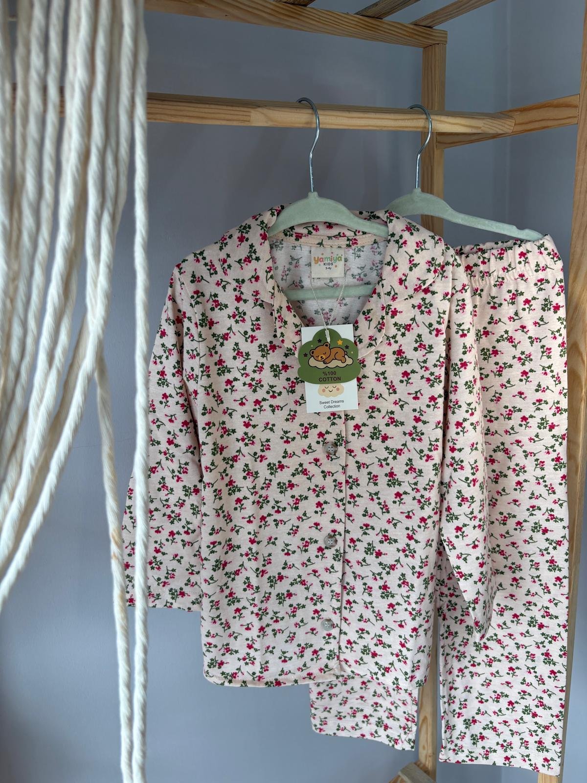 %100 Coton Çiçekli Kız Çocuk Pijama Takımı