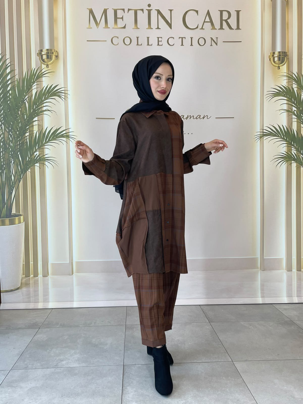 Misswhence Ekose Desenli Kumaş Kombinli Tunik Pantolon Takım 40304