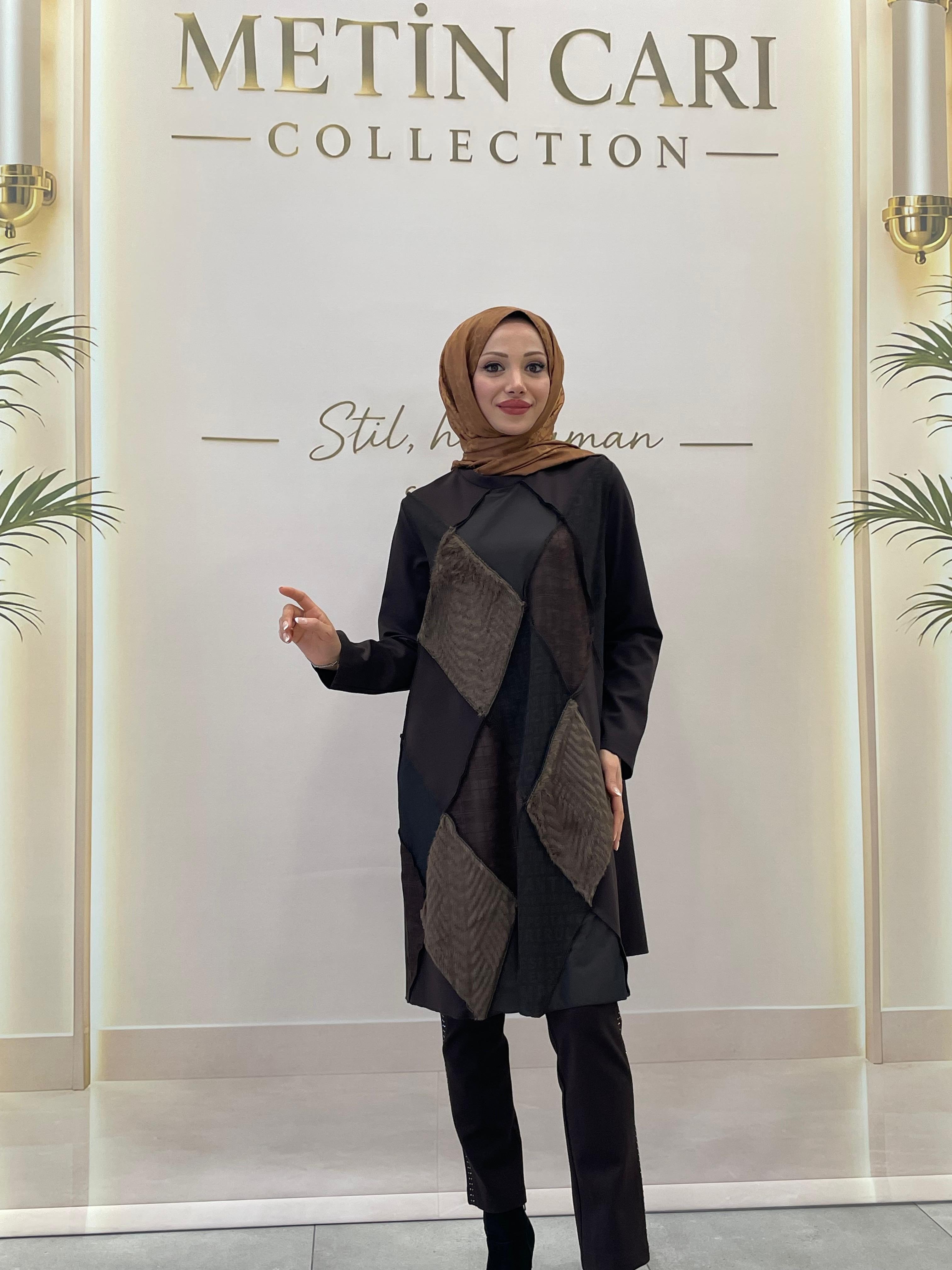 Misswhence Kumaş Kombinli Patcwork Tunik 40009 Kahve