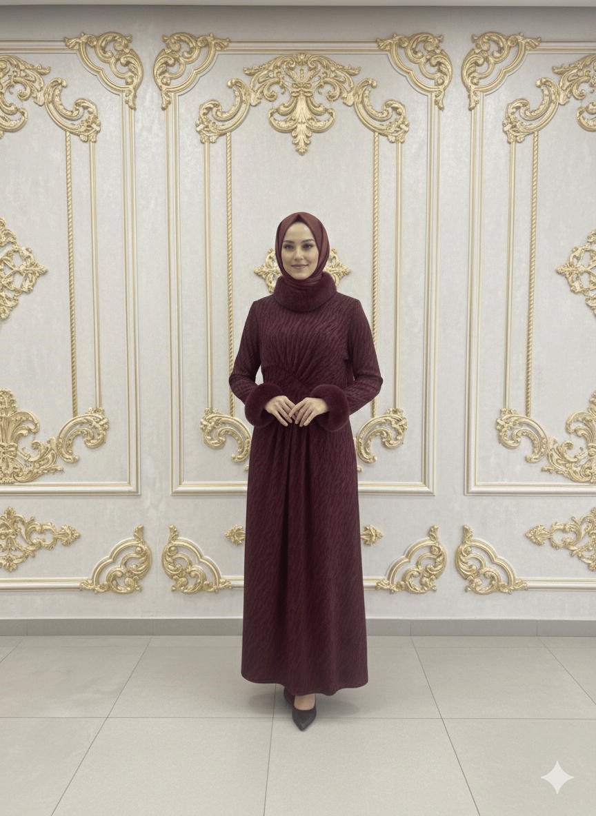 Yaka ve Kolları Kürk Detaylı Bordo  Elbise