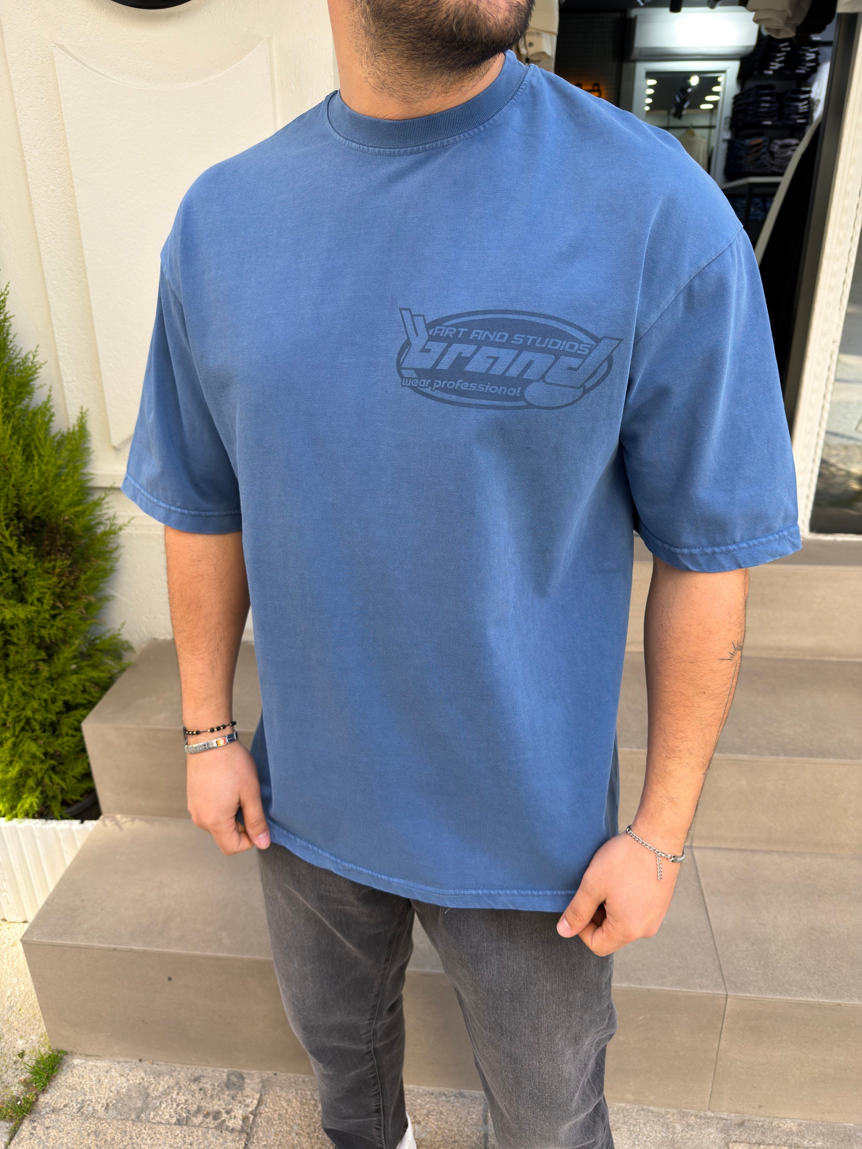 Mavi yıkamalı Pamuk Oversize Tshirt