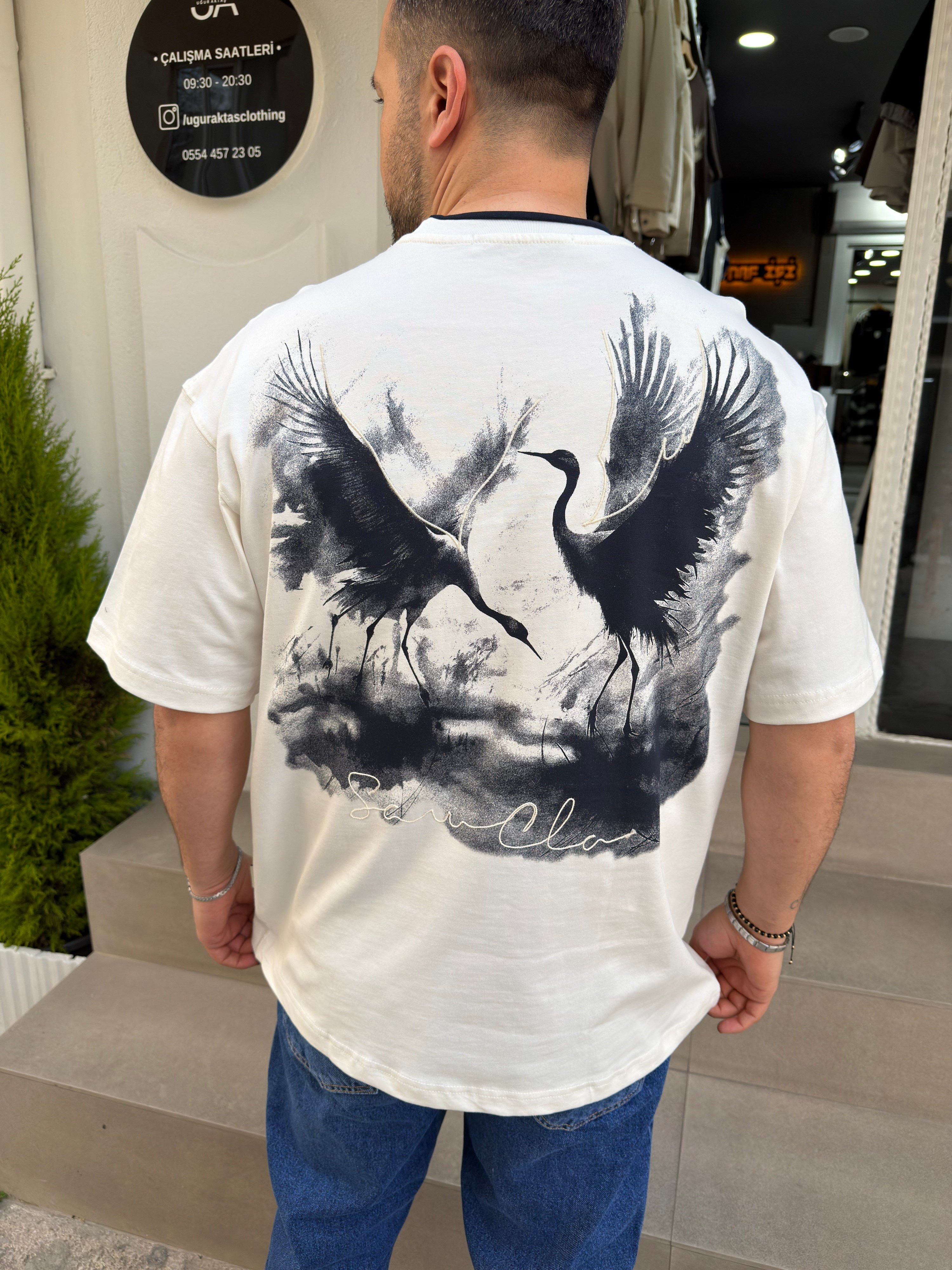 Pamuk Oversize Kuş Baskılı Tshirt