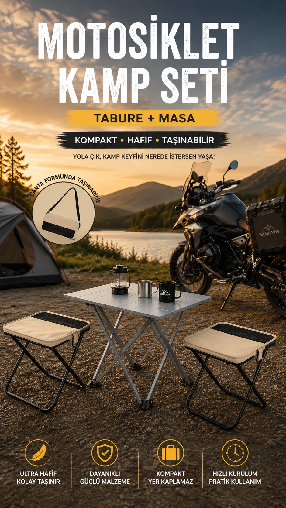 2 Kişilik Motosiklet Kamp Seti – 2 Northopia Flip Katlanır Tabure + Kamp Masası - Kampavm - Avantajlı Setler | Kampavm