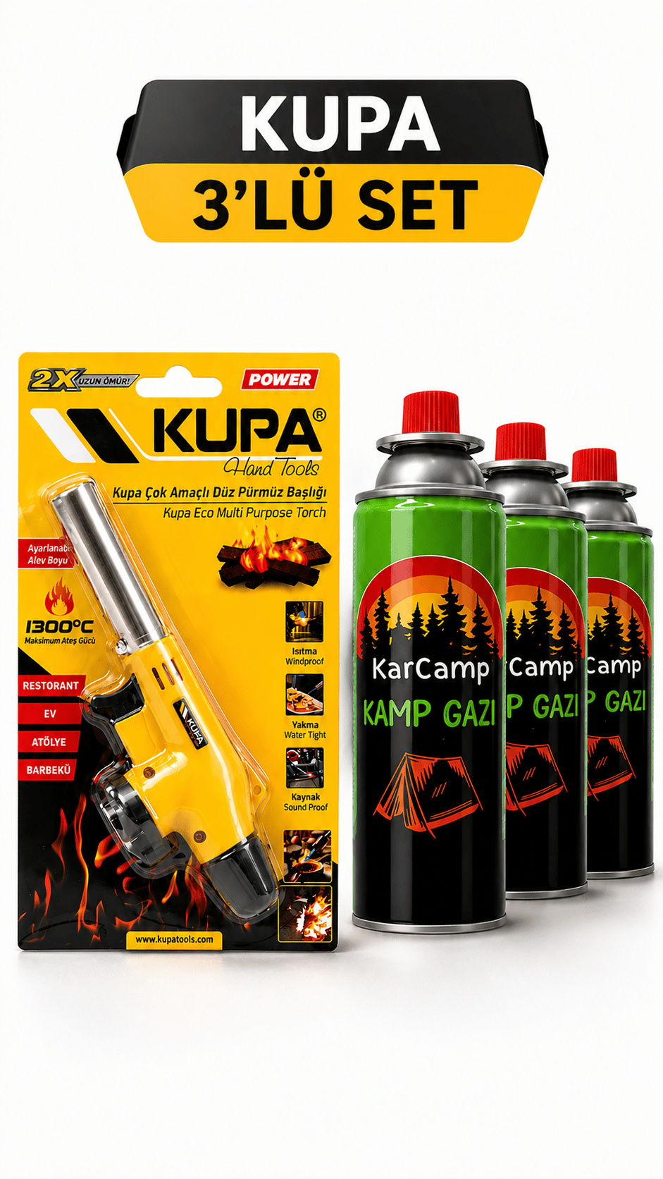 Çakmaklı Pürmüz Seti 3 Adet 220 Gr Kamp Gaz Kartuşu - Kamp Çakmağı KampAVM
