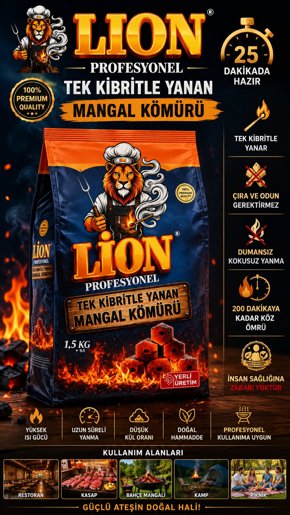 Lion Profesyonel Tek Kibritle Yanan Mangal Kömürü 1.5 Kg - Mangal - Barbekü Ekipmanları KampAVM