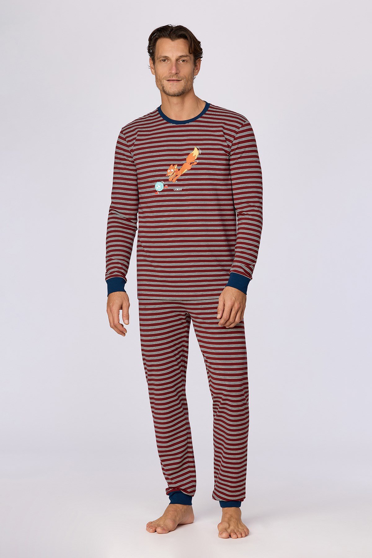 Bordo Çizgili Tilki Baskılı Erkek  Pijama