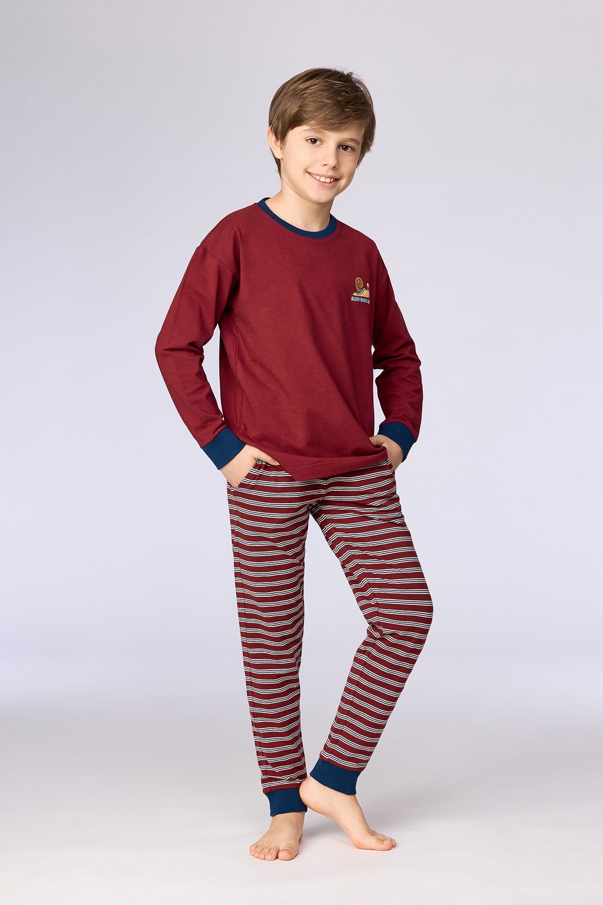 Bordo Uzun Kollu Pamuklu Erkek Çocuk Pijama