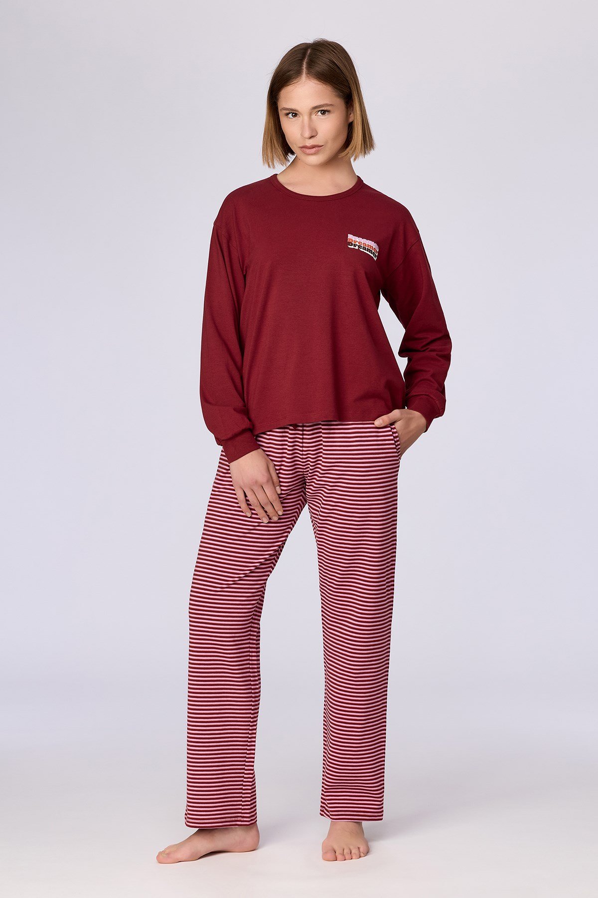 Bordo Uzun Kollu Pamuklu Kadın Pijama