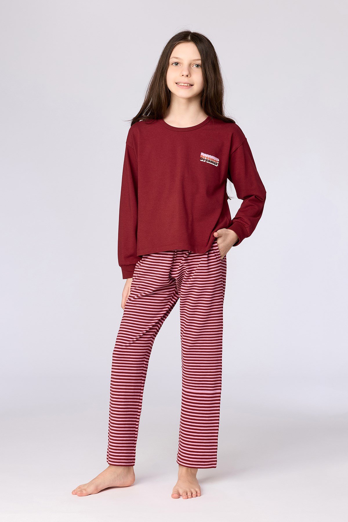 Bordo Uzun Kollu Pamuklu Kız Çocuk Pijama