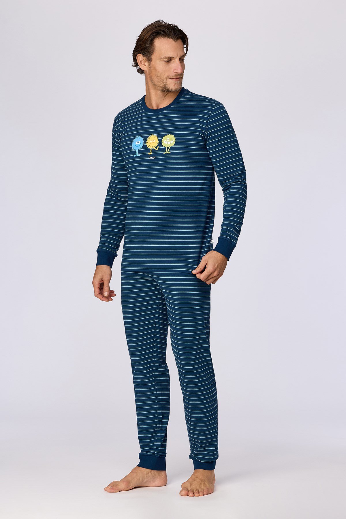 Canavar Baskı Lacivert Çizgili Erkek Pijama