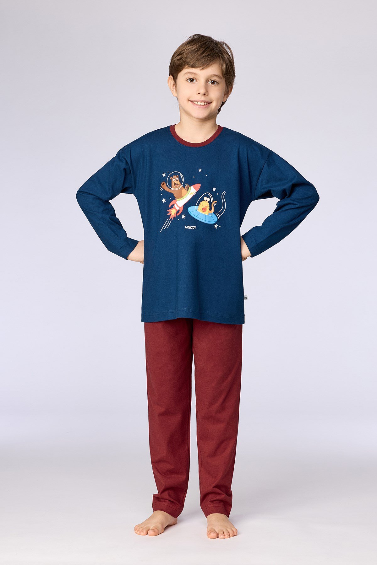 Lacivert-Bordo Uzay Temalı Baskılı Erkek Çocuk Pijama Takımı