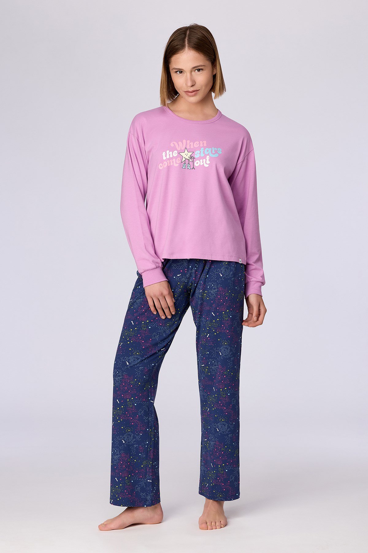 Pembe Uzun Kollu Pamuklu Kadın Pijama