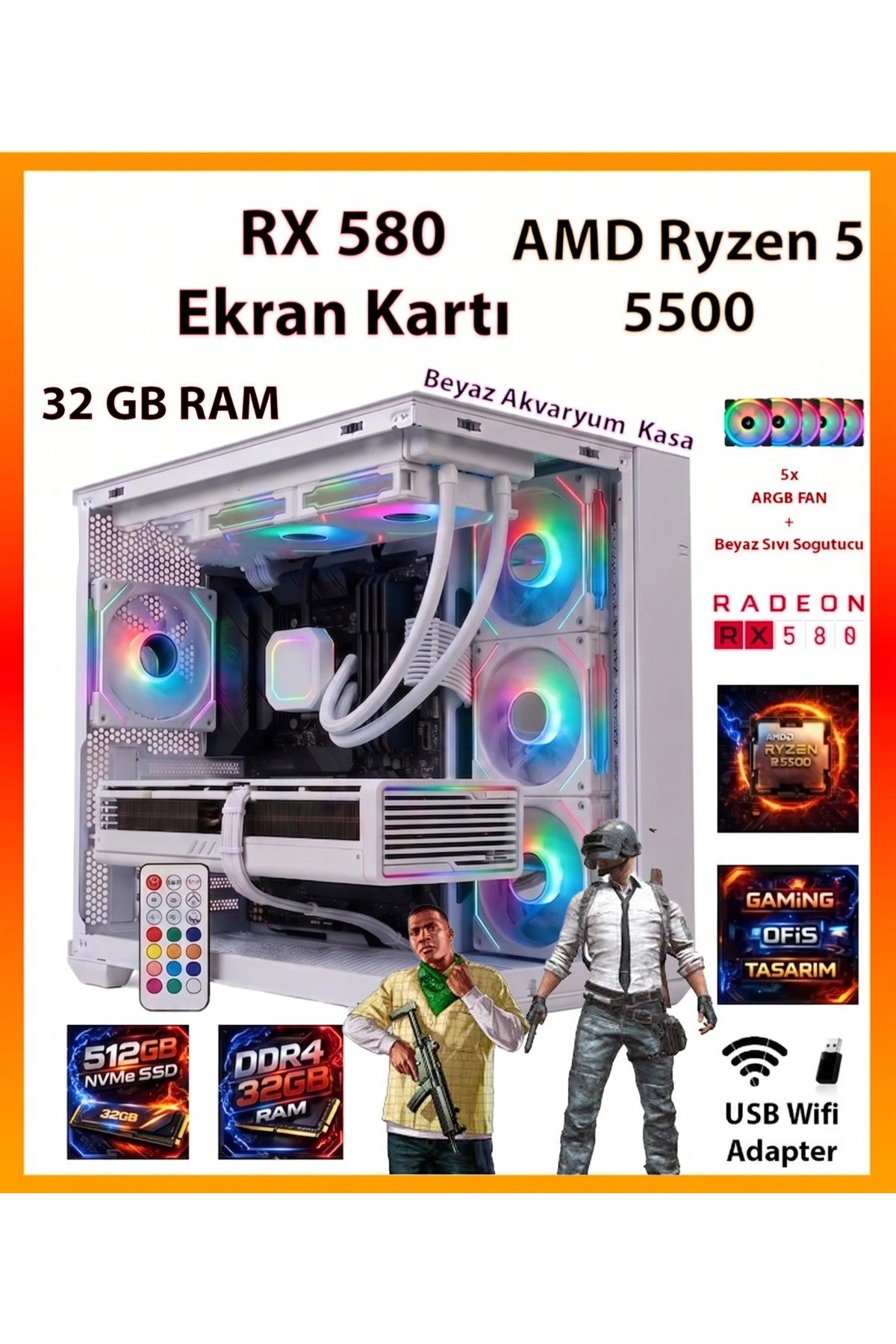 GA ESP Pro Beyaz Sistem RX580 8GB + Ryzen 5 5500 32GB RAM 512GB SSD + Sıvı Soğutucu Akvaryum Kasa FULL RGB Tak Çalıştır Beyaz Oyuncu Bilgisayarı