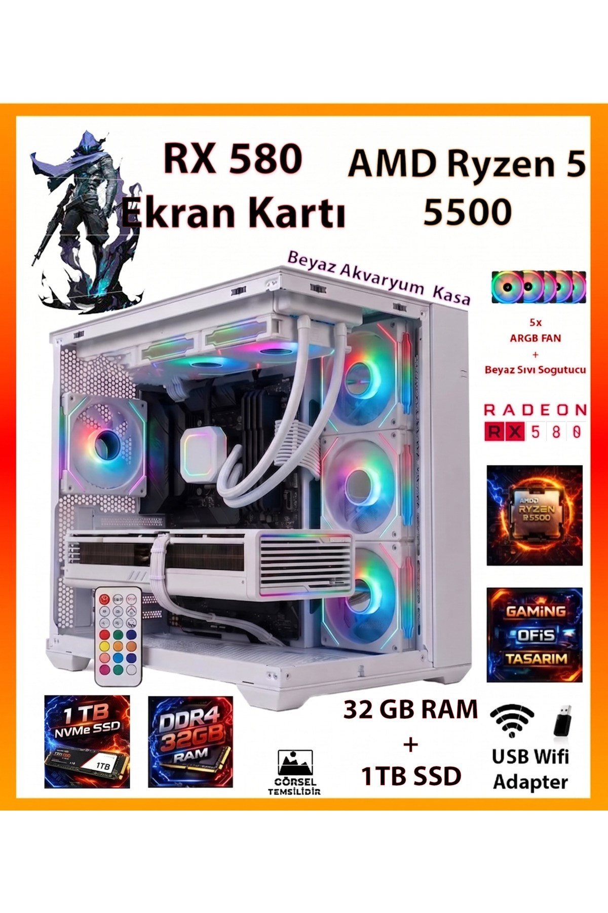GA ESP Pro Beyaz Sistem RX580 + Ryzen 5 5500 32GB RAM + 1TB SSD + Sıvı Soğutucu Akvaryum Kasa FULL RGB Tak Çalıştır Beyaz Oyuncu Bilgisayarı