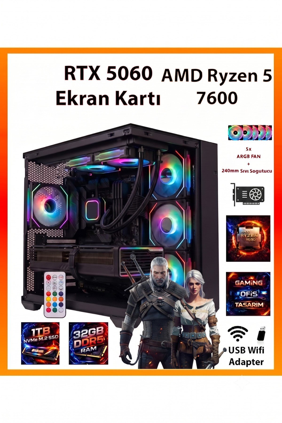 GA ESP Pro Sistem RTX 5060 + Ryzen 5 7600 16GB RAM 1TB SSD + Sıvı Soğutucu Akvaryum Kasa FULL RGB Tak Çalıştır Oyuncu Bilgisayarı
