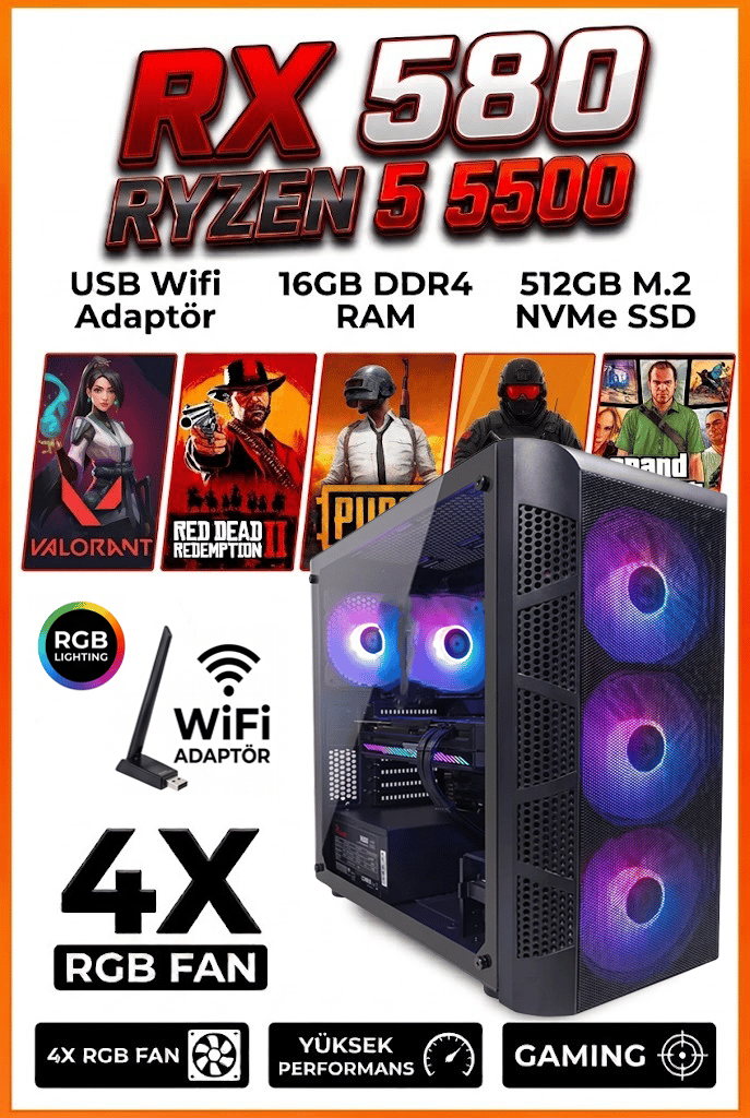 GA Full-Perf Gaming Ryzen 5 5500 + RX580 8GB + 16GB DDR4 RAM 512GB M.2 NVMe SSD Full Oyun Bilgisayarı