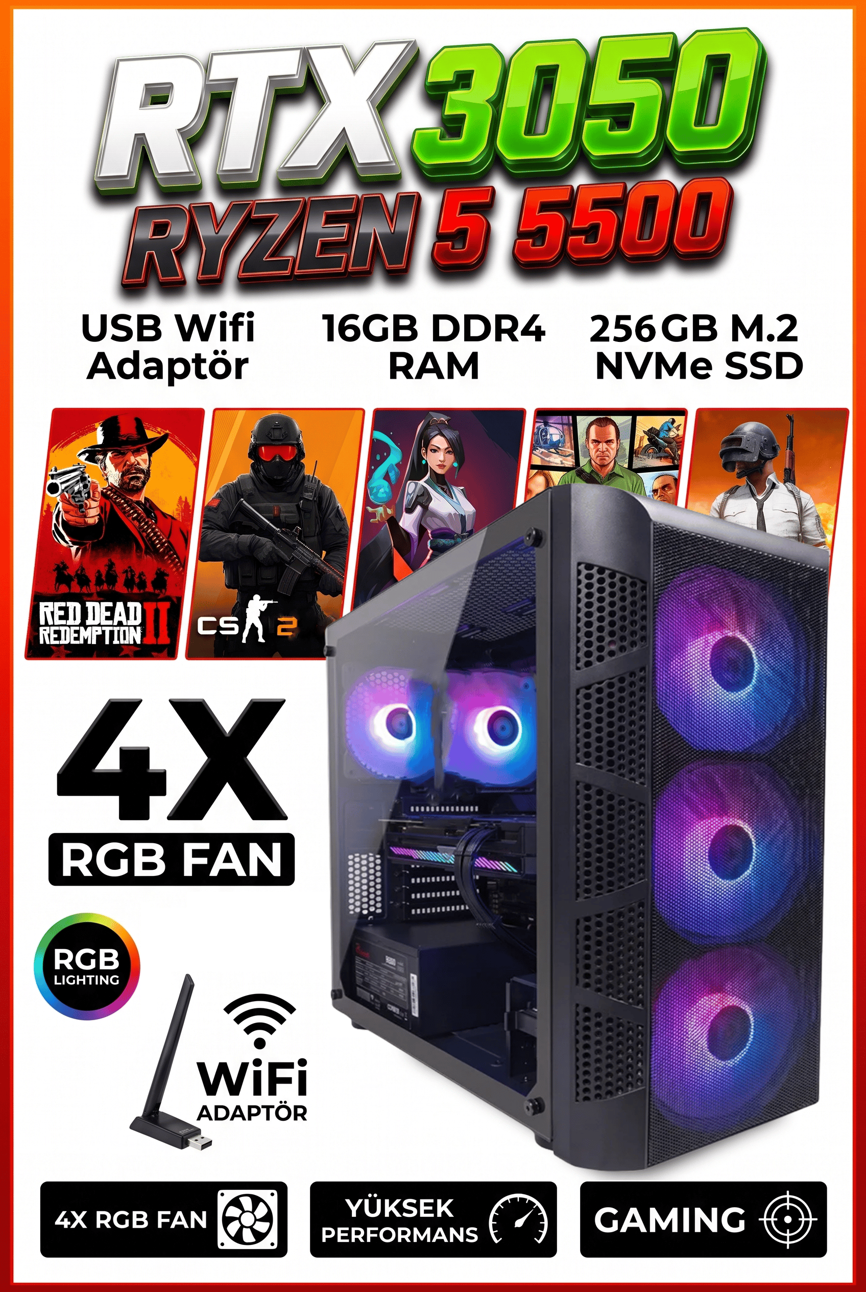 GA High-End Gaming Ryzen 5 5500 RTX3050 16GB DDR4 RAM 256GB M.2 NVMe SSD Ultra Oyun Bilgisayarı
