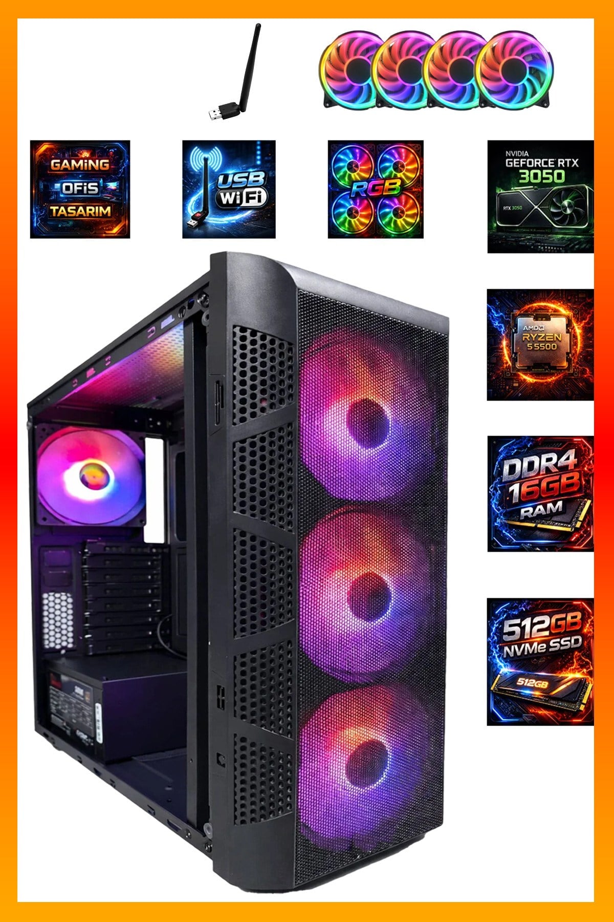 GA High-End Gaming Ryzen 5 5500 RTX3050 16GB DDR4 RAM 512GB M.2 NVMe SSD Ultra Oyun Bilgisayarı