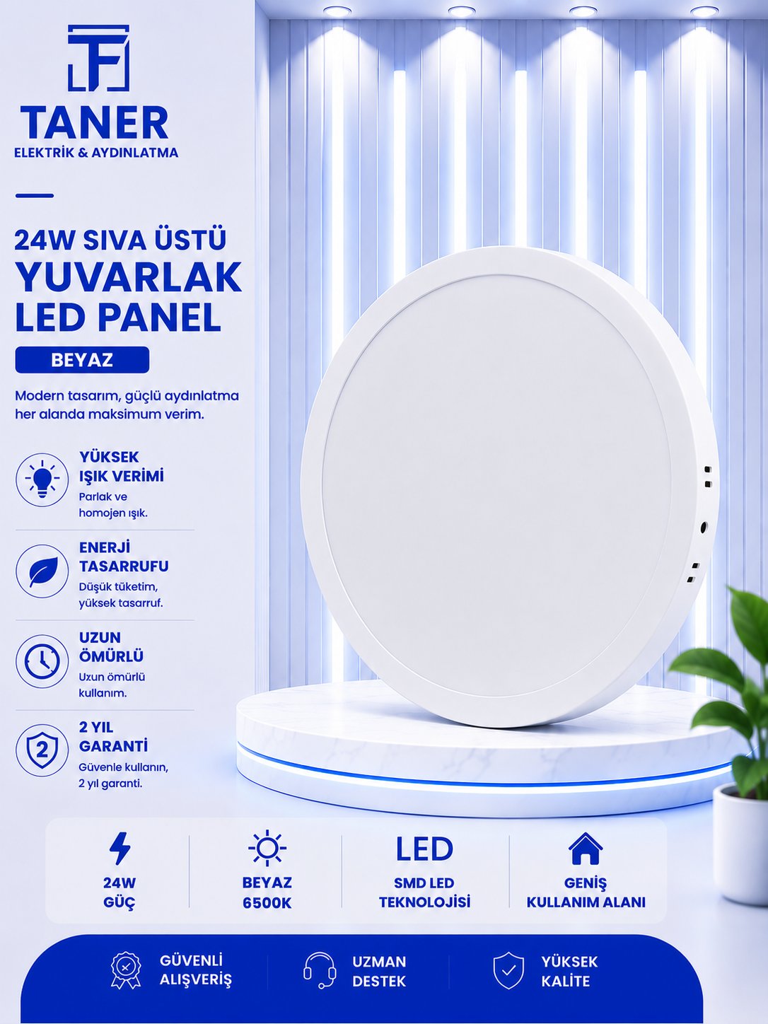 24W SIVA ÜSTÜ YUVARLAK BEYAZ KASA BEYAZ IŞIK LED PANEL
