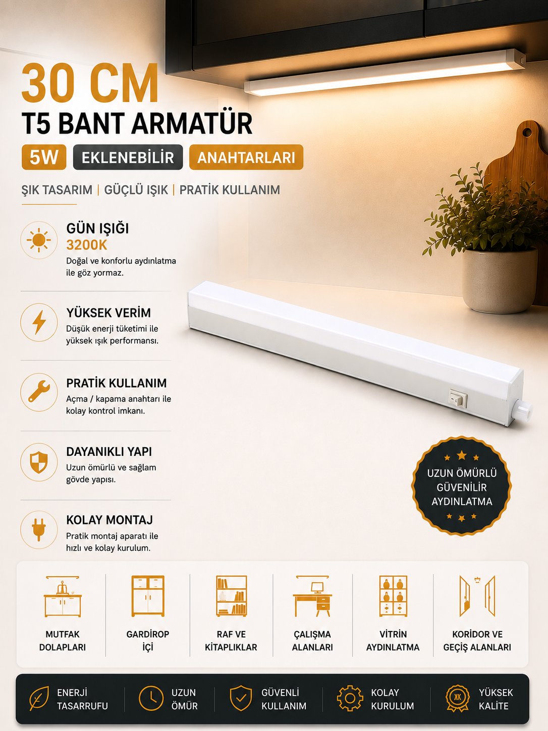 NOAS 30 CM 5W EKLENEBİLİR ANAHTARLI T5 BANT ARMATÜR