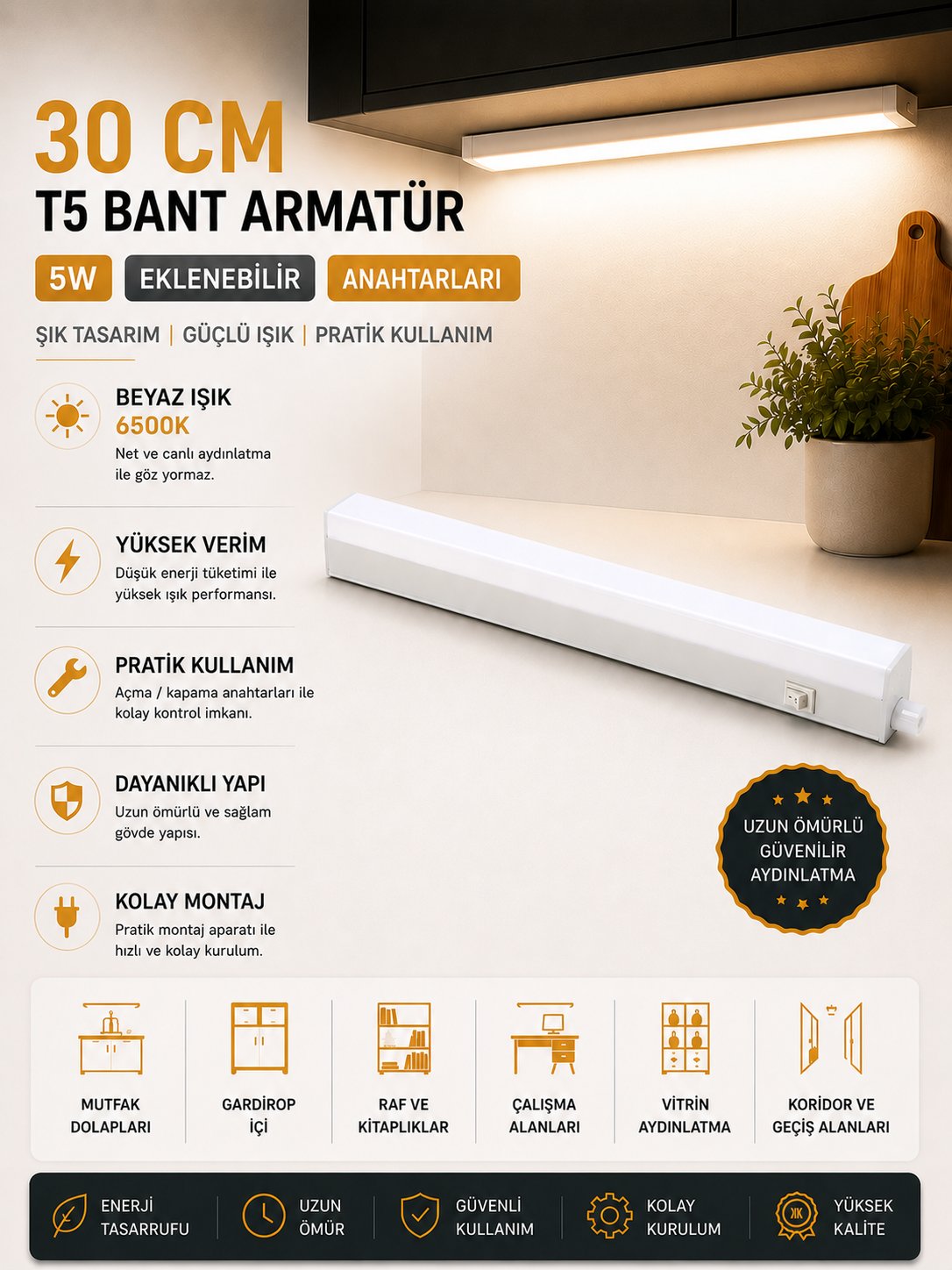 NOAS 30 CM 5W EKLENEBİLİR ANAHTARLI T5 BANT ARMATÜR BEYAZ