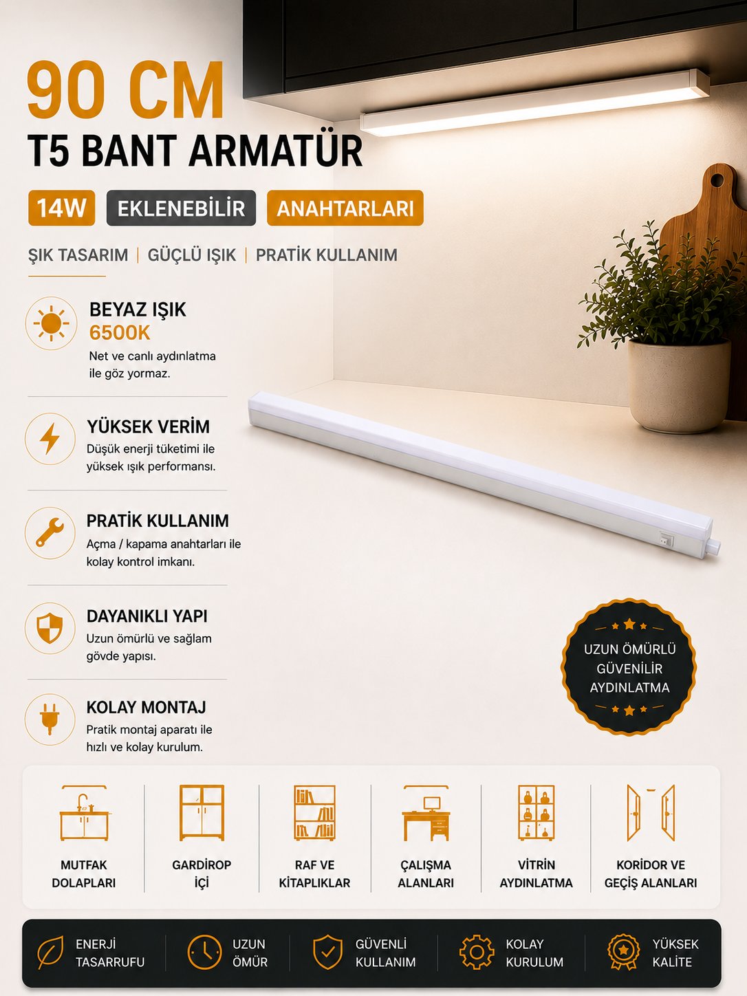 NOAS 90 CM 14W EKLENEBİLİR ANAHTARLI T5 BANT ARMATÜR BEYAZ