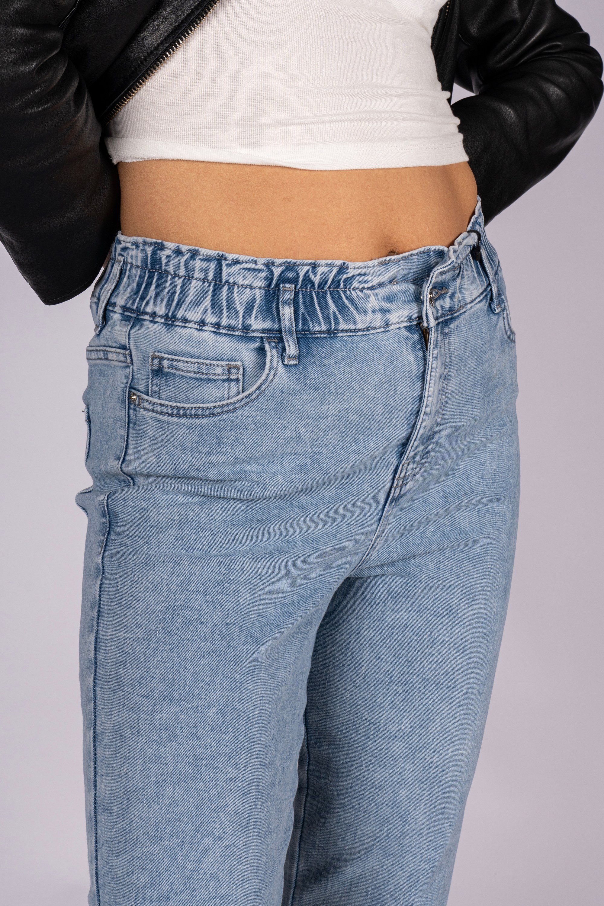 Paperbag Charm Beli Lastikli Dark Kalıp Bilek Boy Açık Indigo Kadın Jean Pantolon