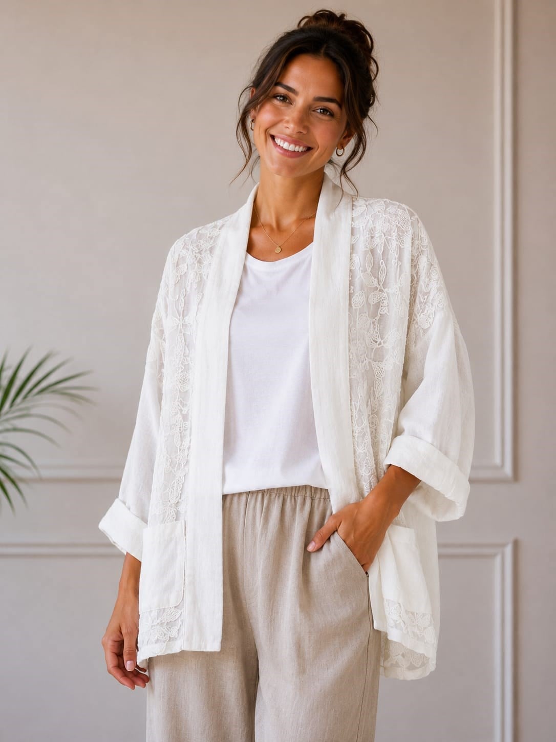 İtalyan Çiçek İşlemeli Keten Kaftan 2604XA22 - 91170