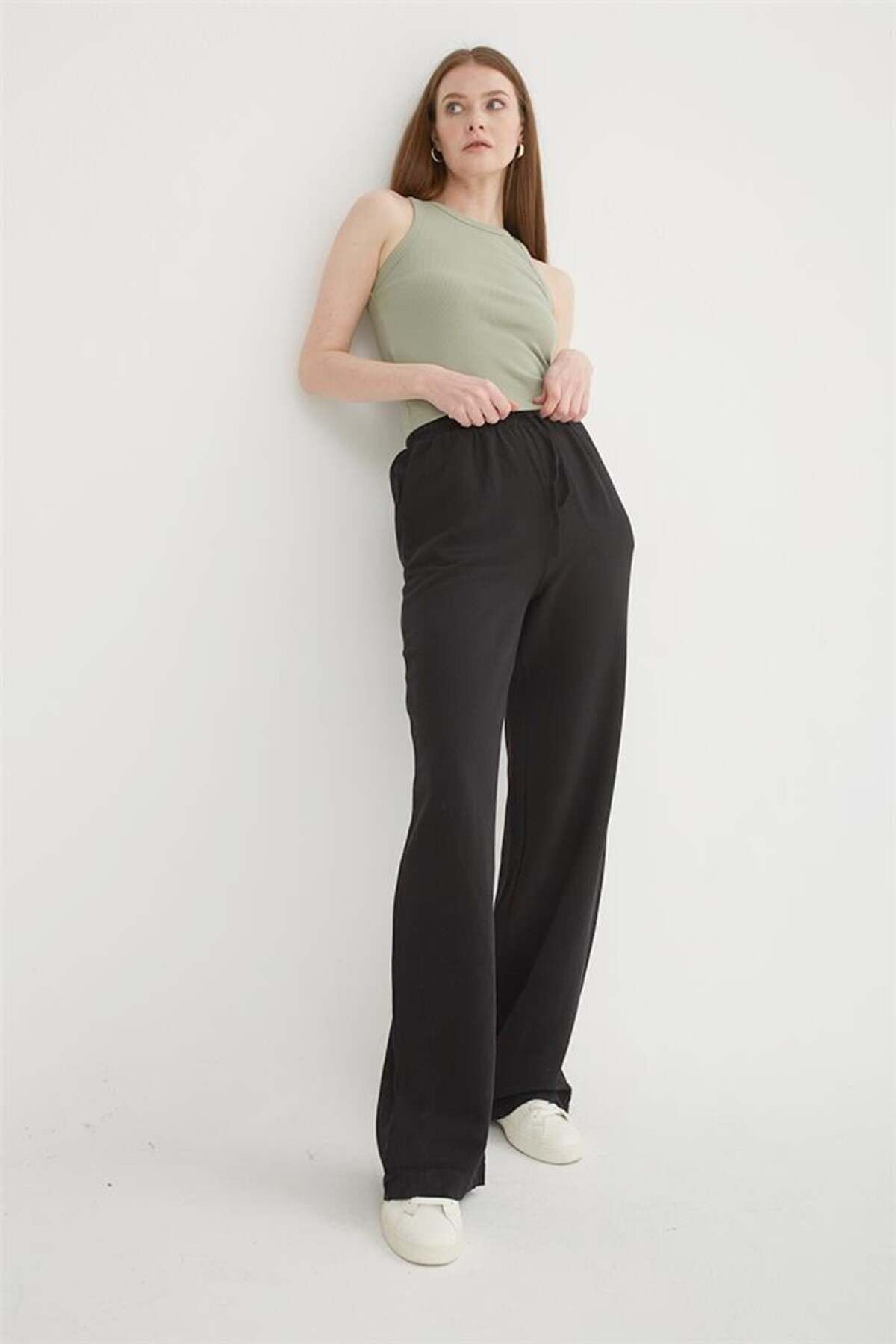 FASHION FRIENDS KADIN GENİŞ PAÇA KETEN PANTOLON 25Y0608K1