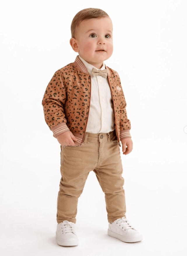 LEOPAR CEKETLİ , PAPYONLU ERKEK BEBEK TAKIM 