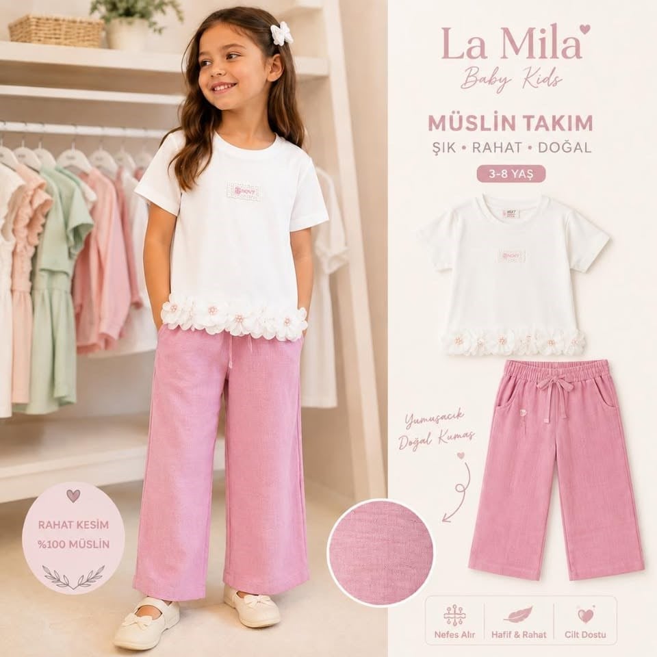 MÜSLİN PEMBE ALTLI TAKIM 
