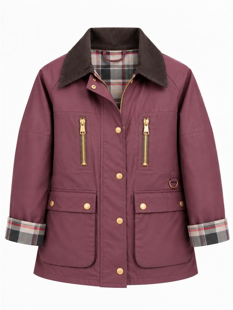 Kadife Yakalı Ekose Astarlı Mont – Mürdüm