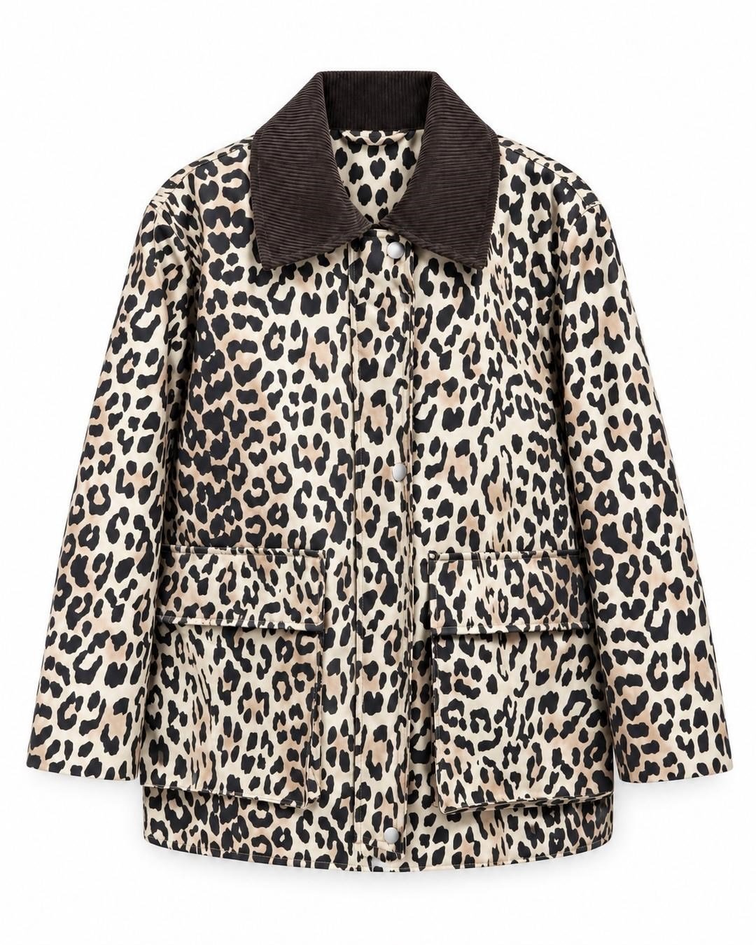 Kadife Yakalı Oversize Leopar Ceket