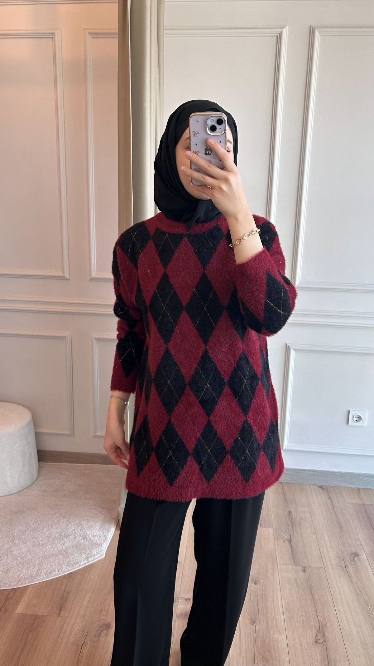 Bordo Baklava Desen Angora Kazak